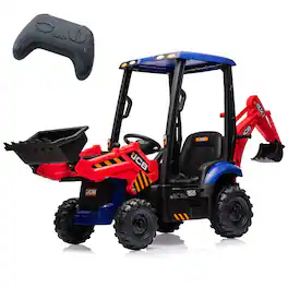 GARVEE - 12V Ride On Excavator, 4 in 1 Kids Excavator Ride On Toy with Remote Control, Front Loader, Digger - Red