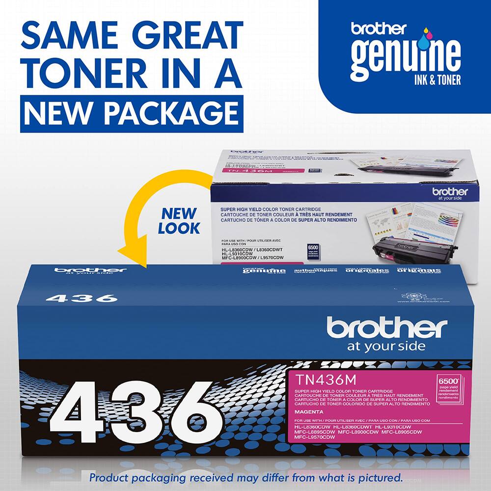 SAME GREAT TONER IN A NEW PACKAGE  
brother genuine INK & TONER  
Wodmaen SUPER HIGH YIELD COLOR TONER CARTRIDGE  
NEW CARTOUCHE DE TONER COULEUR A TRS HAUT RENDEMENT  
CARTUCHO DE TONER A COLOR DE SUPER ALTO RENDIMIENTO  
LOOK -O - - POR -C BITE PARA dde 5500 HUL8360COW / L83SOCDWT HL:L9310COW MO Le900CoW , L9SOCOW  
brother at your side rother igaioa .. OOgOIOS ungaar 436  
brother at your side TN436M 6500  
Viand suS 02 THELO COLOR FONEn ARTOAE |  
- CARTOUM CHL OE IONEI COL AEU A FIE MAUT - ARTLEO  
TONER COLOR -  
ALTOS RENOMENTO CARTUCHIO DE TONCR COLULE DE SUENE ALTO HENUIMENTO 436  
MACEINTA TOE UAE 