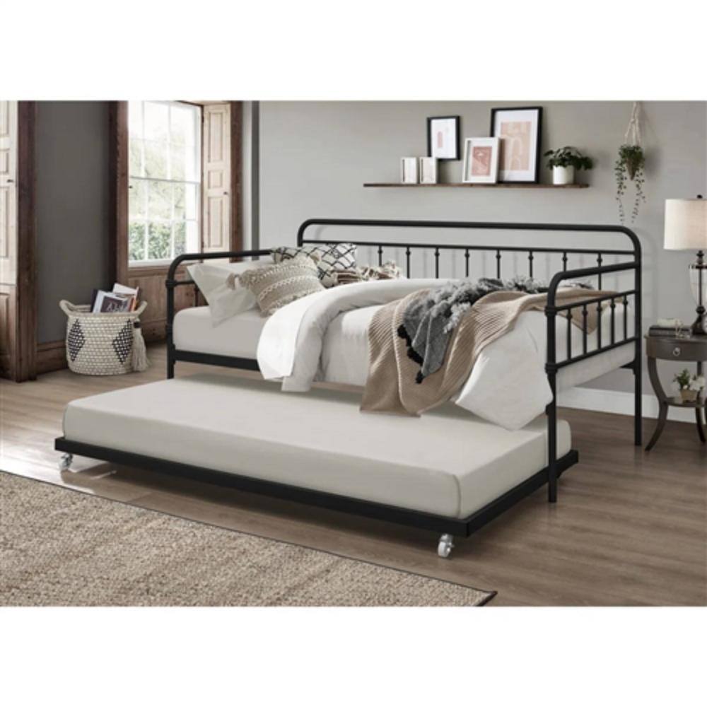 Back. Hivvago - Twin size Black Rounded Iron Daybed with Roll Out Trundle Bed Frame - Black.
