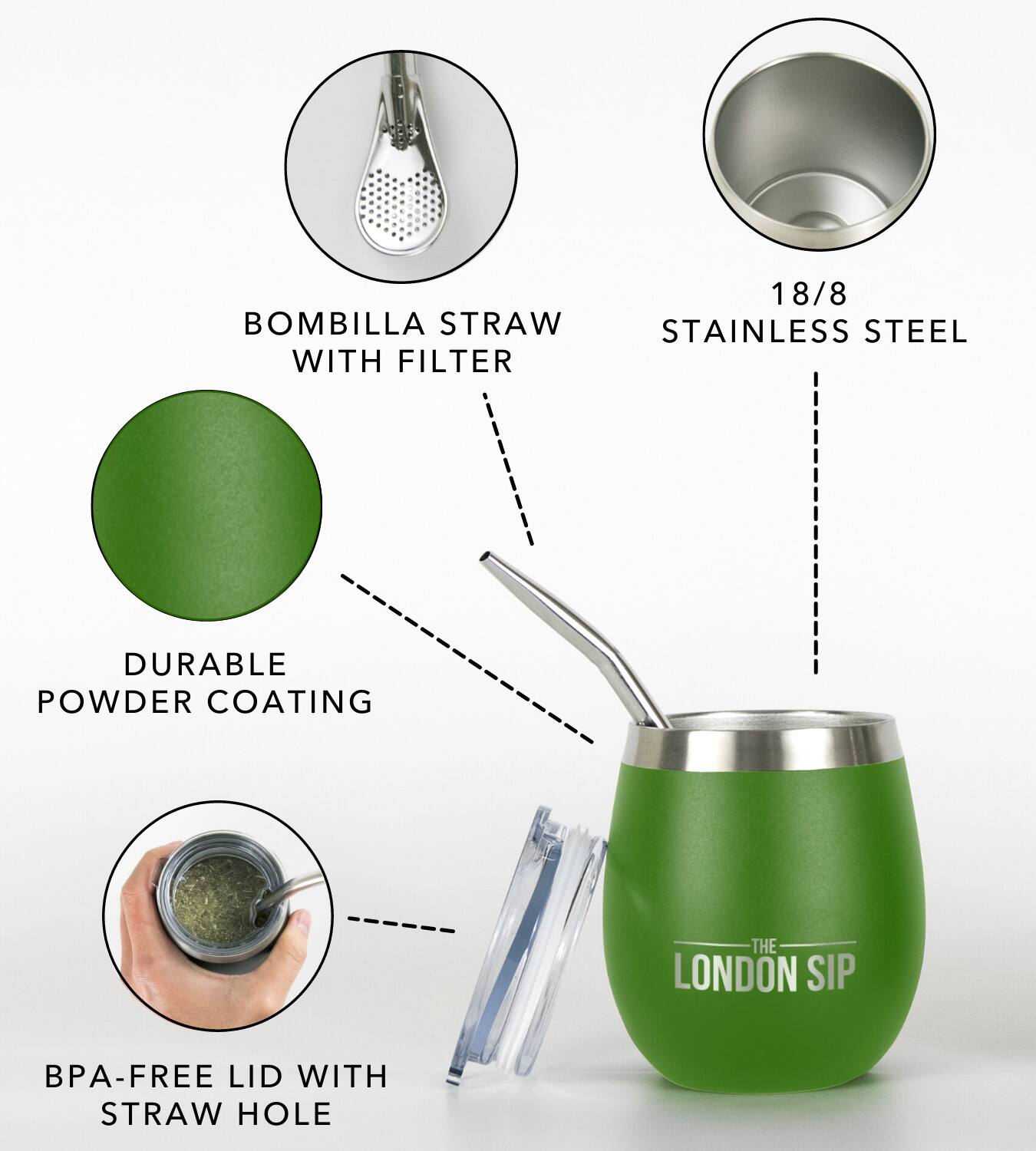 The text on the image is:

- BOMBILLA STRAW WITH FILTER
- 18/8 STAINLESS STEEL
- DURABLE POWDER COATING
- BPA-FREE LID WITH STRAW HOLE
- THE LONDON SIP