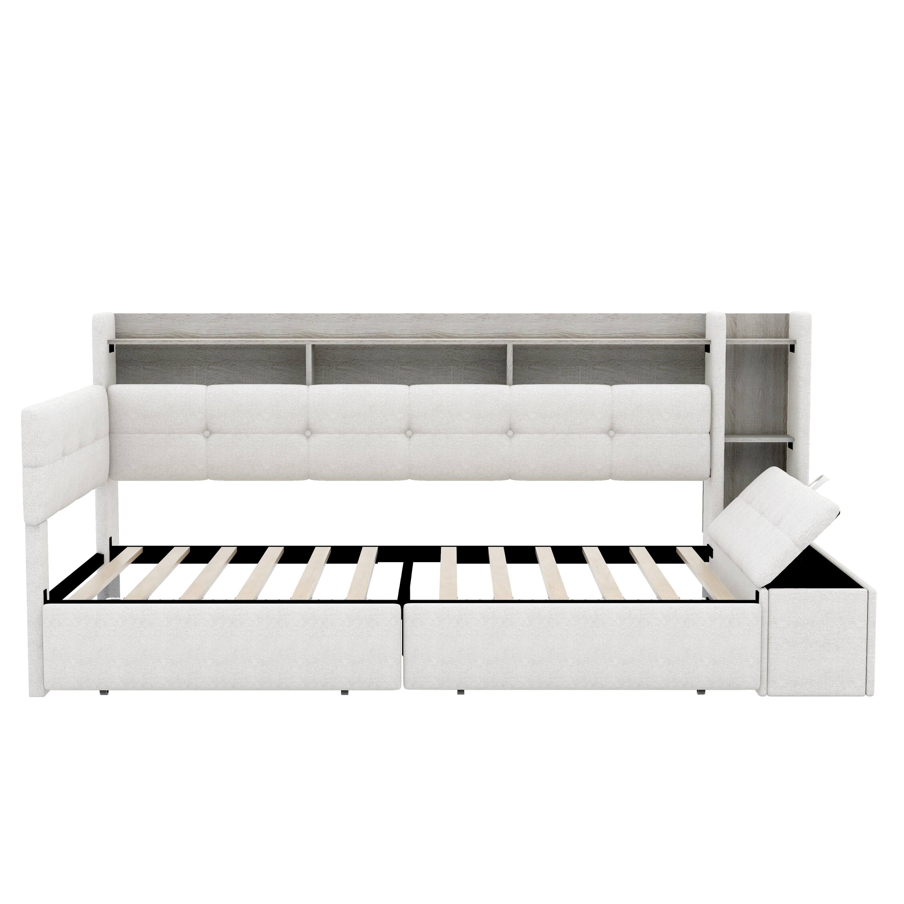 Back. Whisen - Upholstered Daybed with Storage Drawers, LED Light, USB Ports & Footstool - Beige.