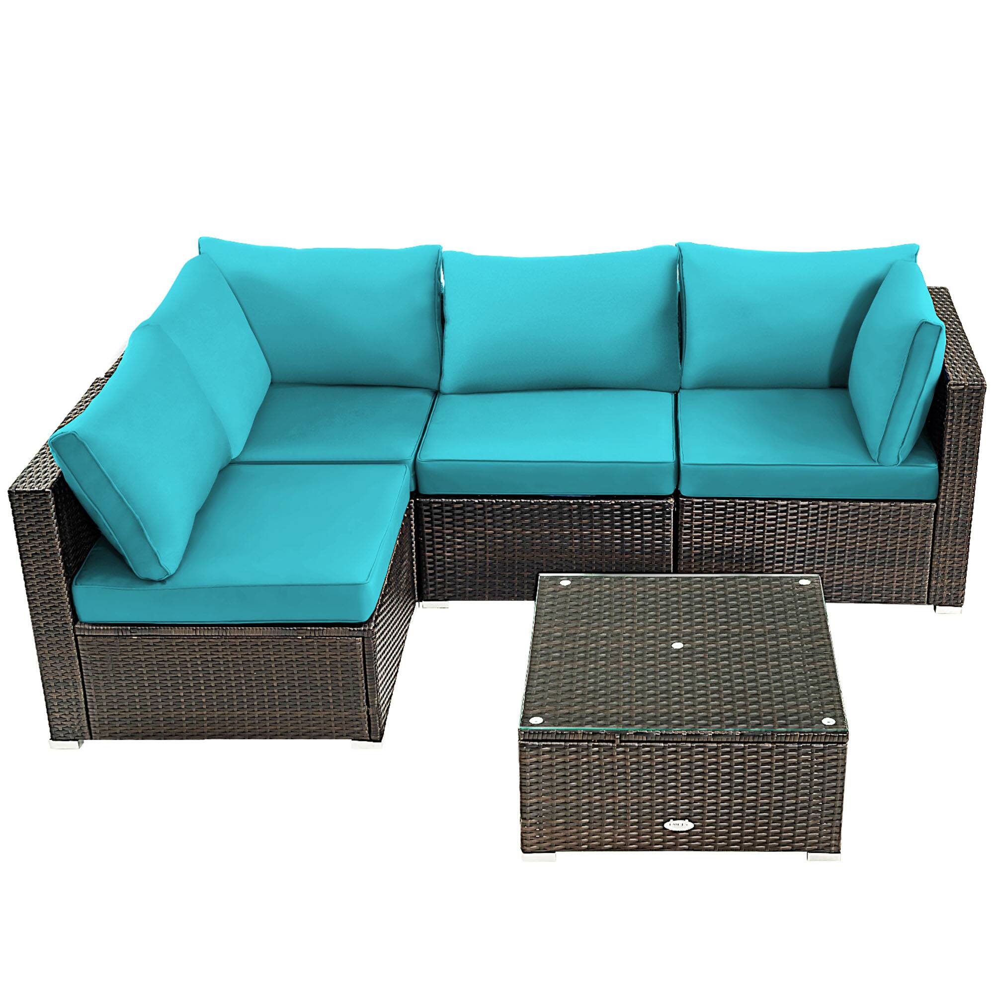 Alt View 9. Gymax - Gymax 5PCS Rattan Patio Conversation Set Sofa Furniture Set w/ Turquoise Cushions - Mix brown.