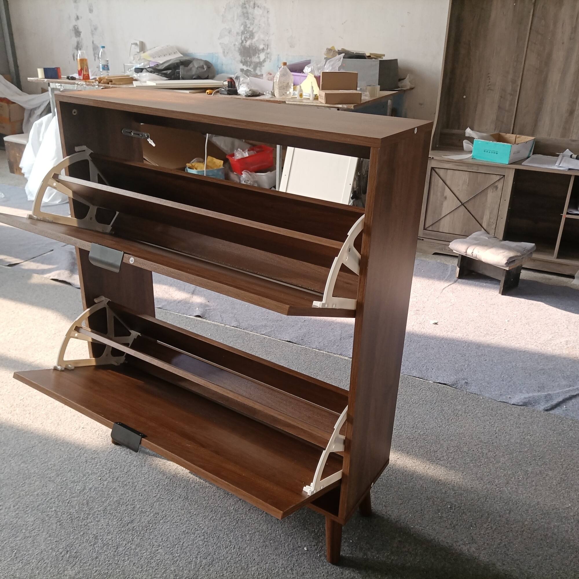 Angle. GOODSILO - Farmhouse Style Shoe Storage Cabinet with Flip Drawers and Adjustable Dividers for Entryway Organization - Walnut.
