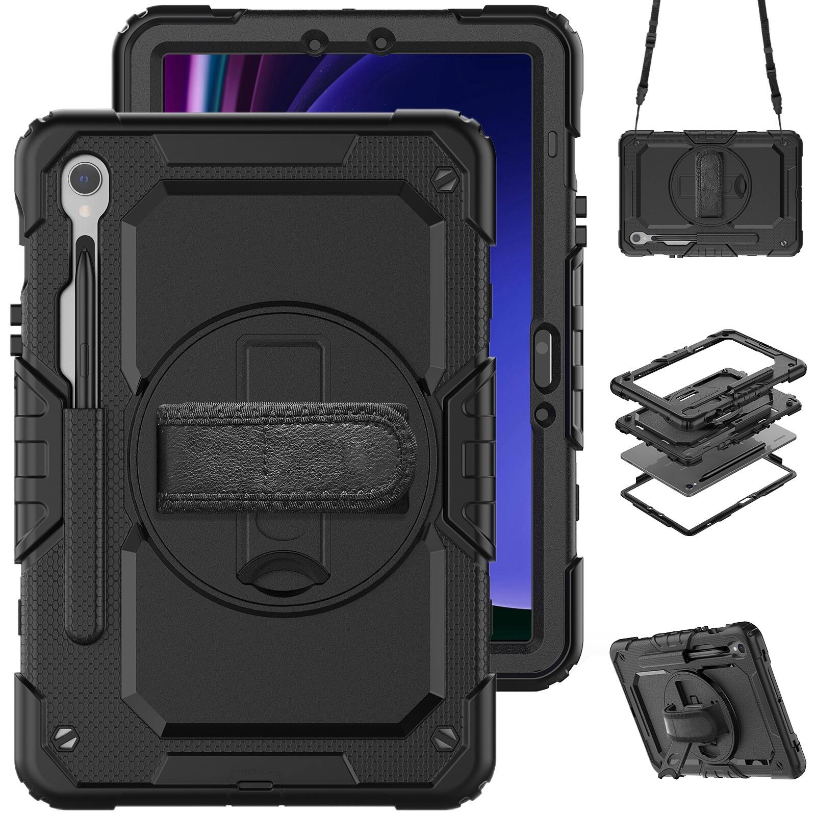 Front. UUCOVER - Full Body Case for Samsung Galaxy Tab S10 FE 10.9" X520/X526B/X528U Built-in Screen Protector Stand Shoulder Strap Cover - Black.