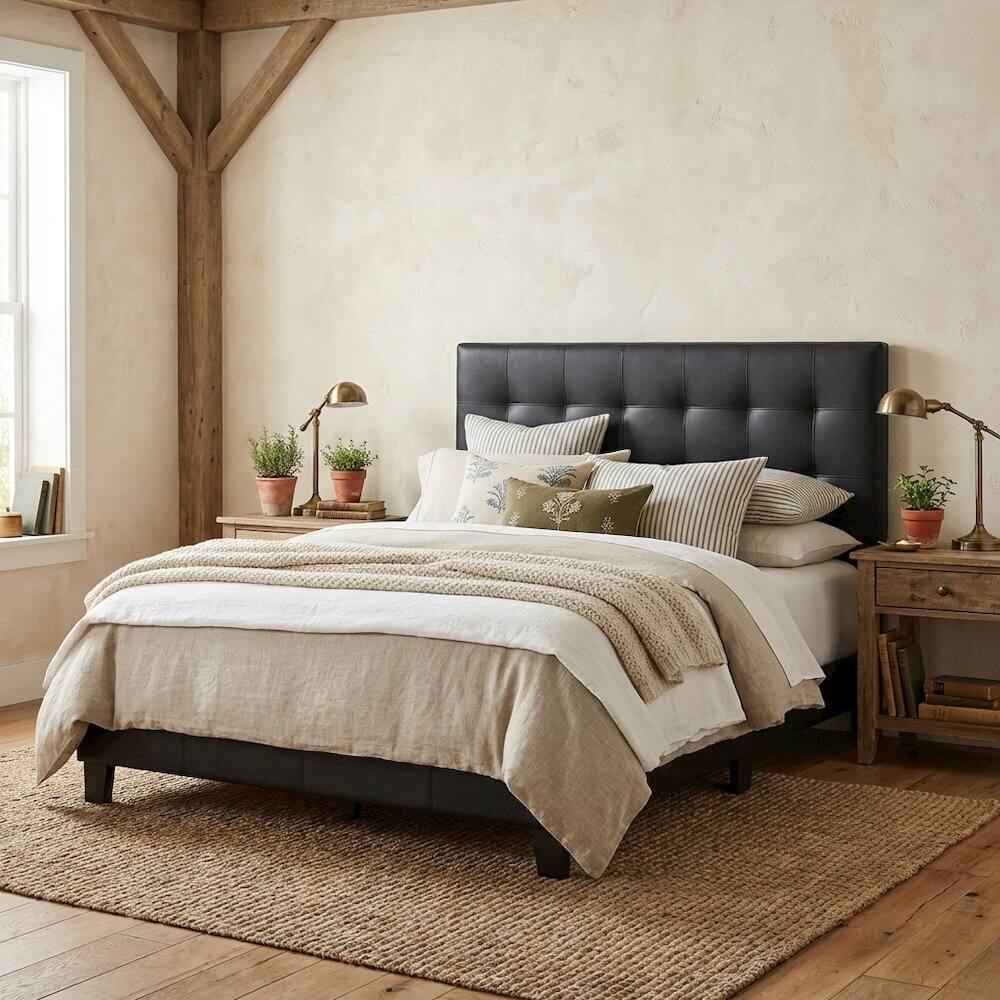 Angle. FurniFact - Upholstered Vinyl Queen Headboard with Elegant Design and Durable Finish - Black.
