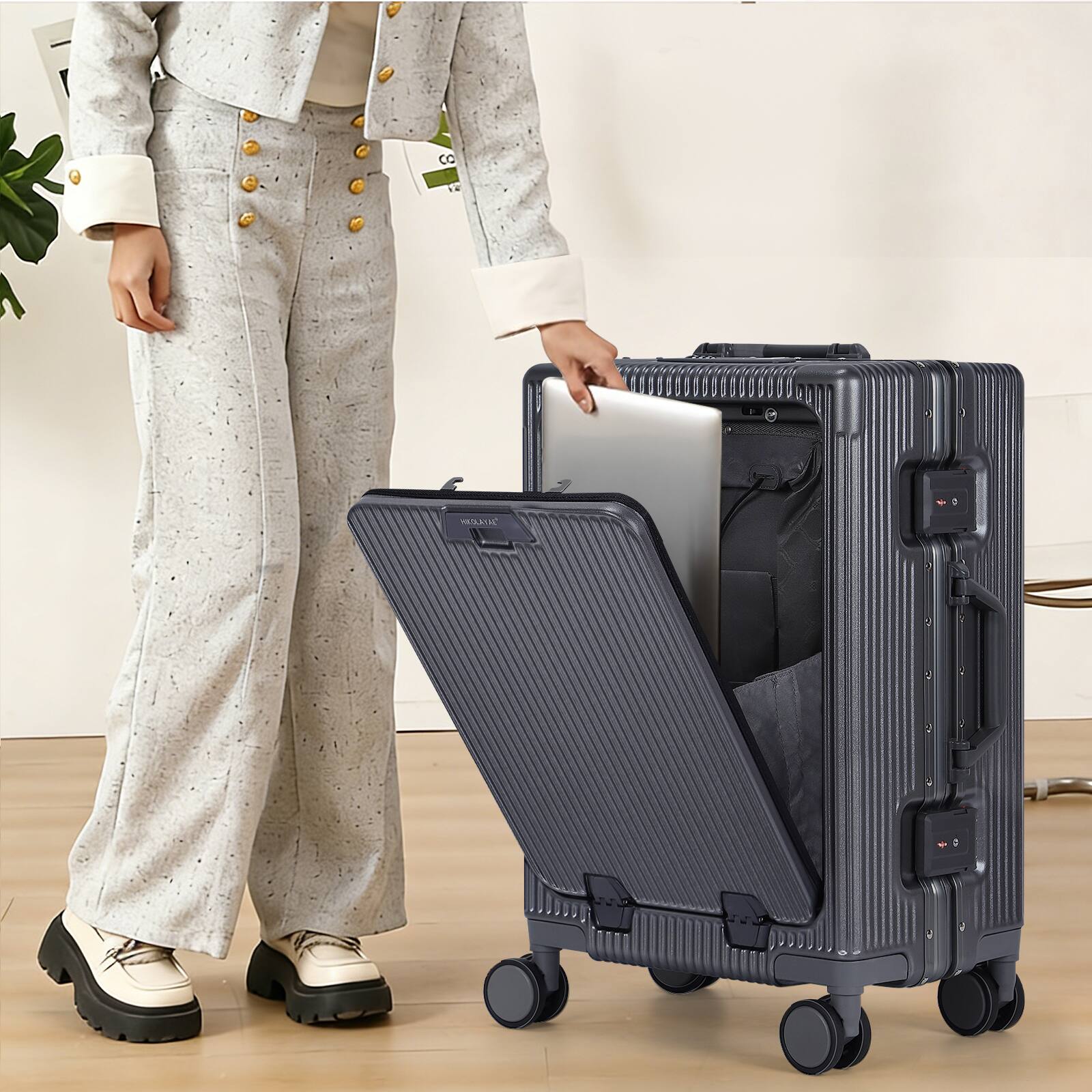 Back. Oumilen - 20 Inch Front Opening Aluminum Frame Carry On Luggage – ABS+PC Hard Shell with TSA Lock, USB Port, Cup Holder, Dark Gray - Dark Gray.