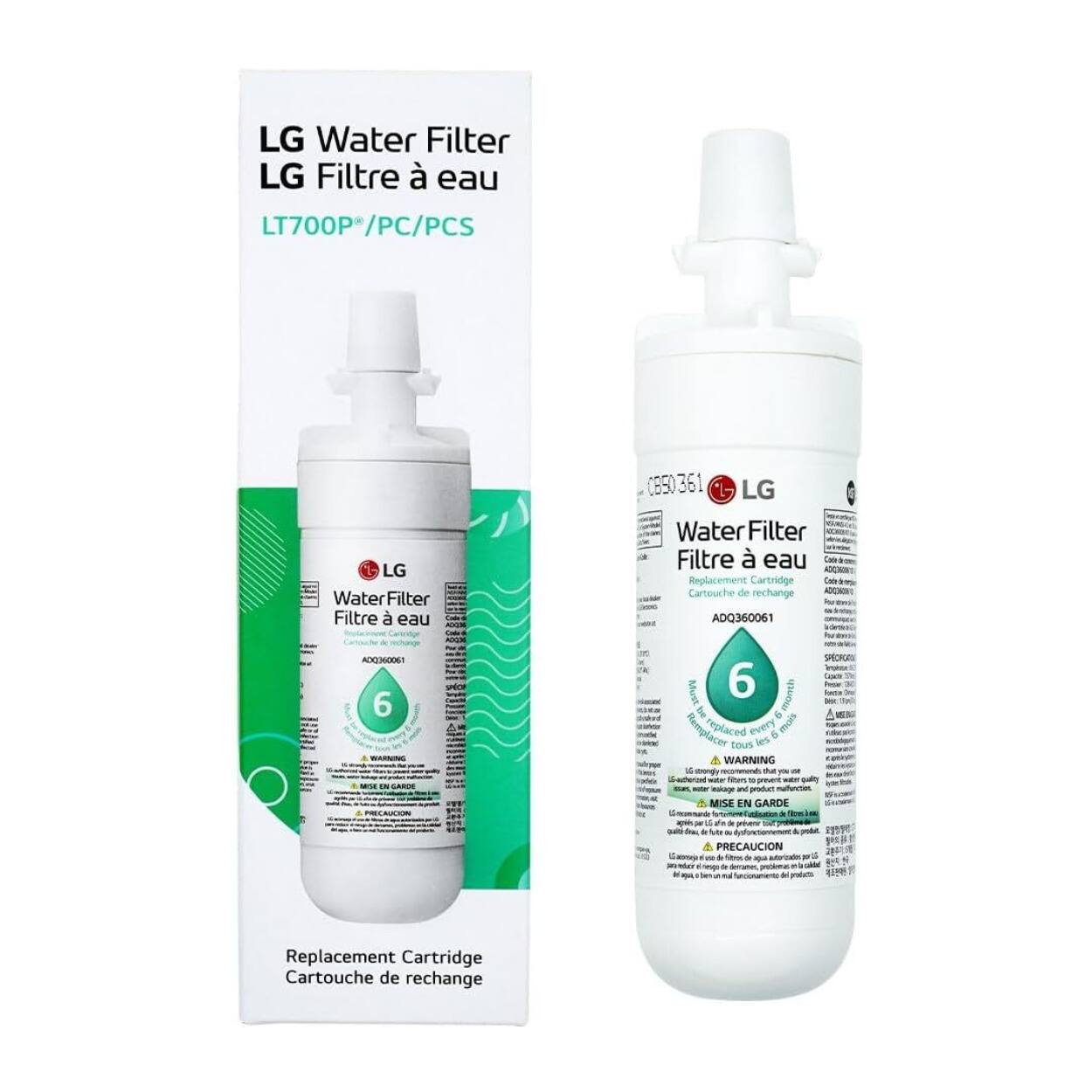 LG Water Filter  
LG Filtre à eau  
LT700P/PC/PCS  

LG Water Filter  
LG Filtre à eau  
CB50 361  

Replacement Cartridge  
Cartouche de rechange  
ADQ360061  

Must be replaced every 6 months  
A remplacer tous les 6 mois  

WARNING  
MISE EN GARDE  
PRECAUCIÓN