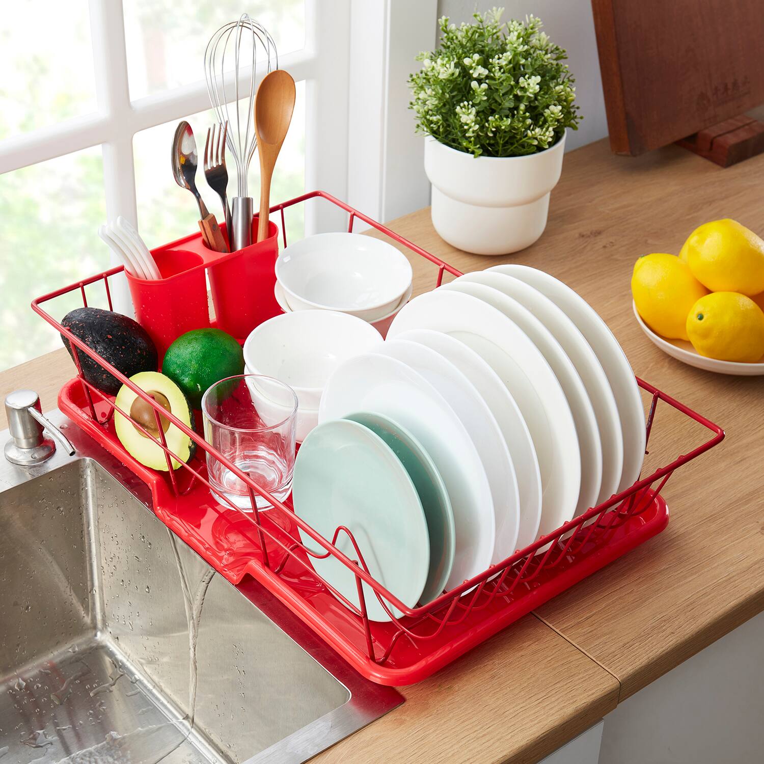 Back. Sweet Home Collection - Steel 3-Piece Large Countertop Dish Drainer with Drain Board & Utensil Holder - Red.