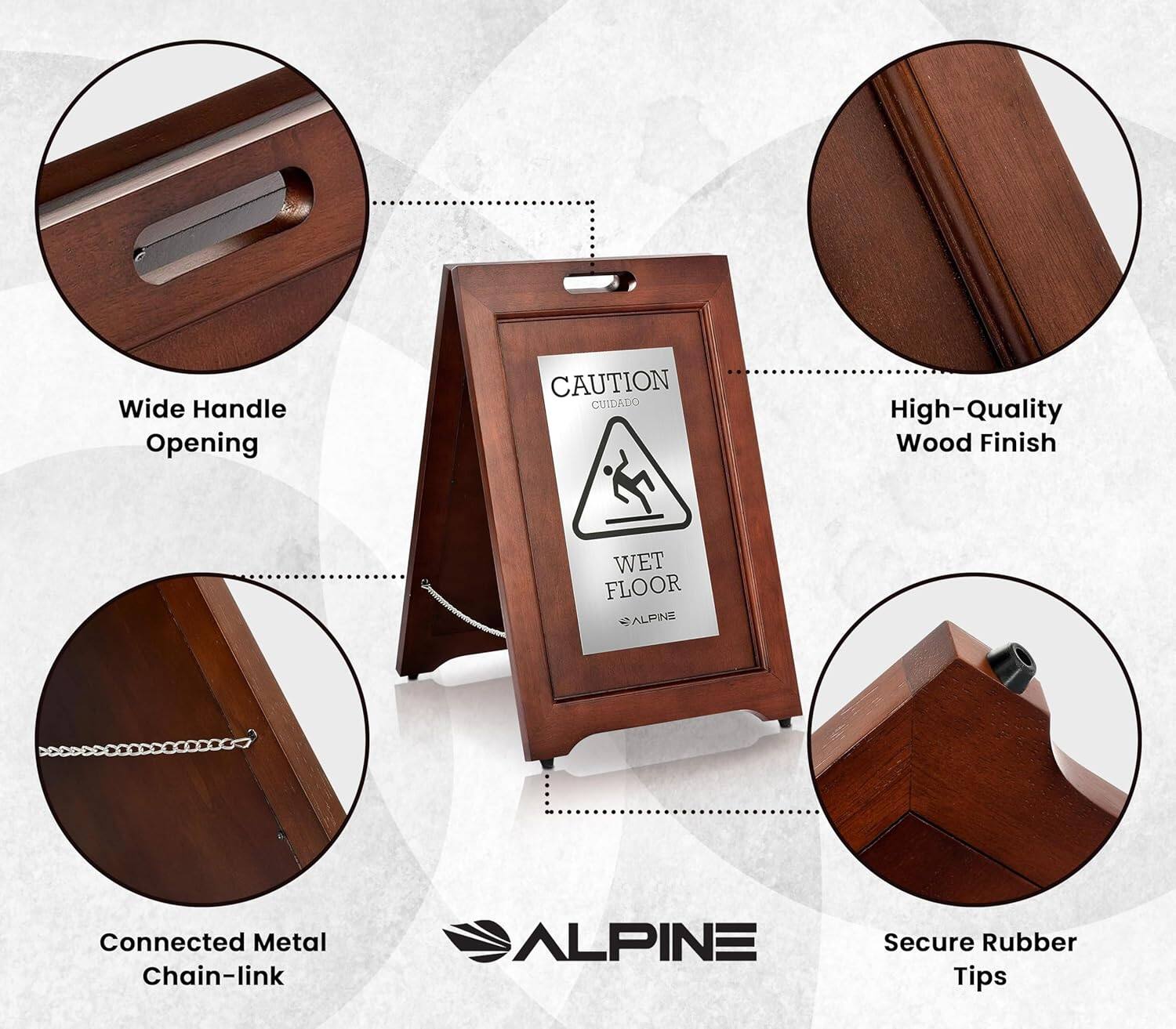 CAUTION CUIDADO, WET FLOOR, ALPINE, Wide Handle Opening, High-Quality Wood Finish, Connected Metal Chain-link, ALPINE, Secure Rubber Tips