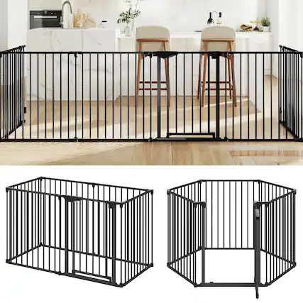 Front. Gymax - Gymax 6-Panel Adjustable Pet Safety Fence w/Auto-close Door & Double Locking System Black.