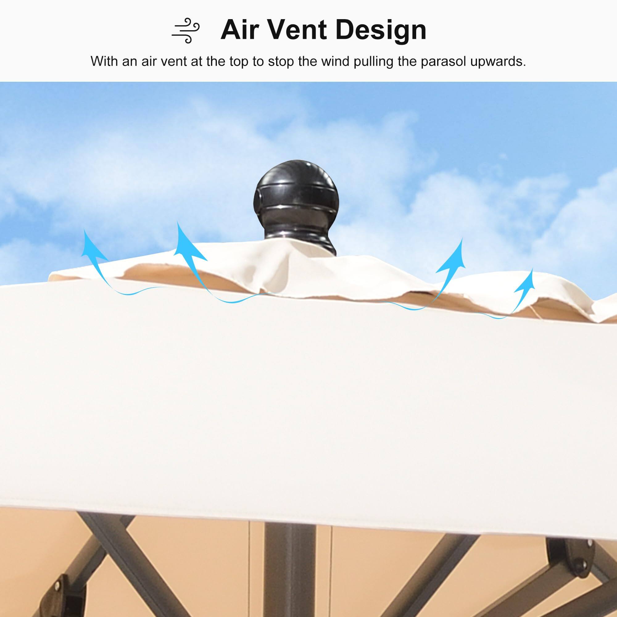Air Vent Design

With an air vent at the top to stop the wind pulling the parasol upwards.