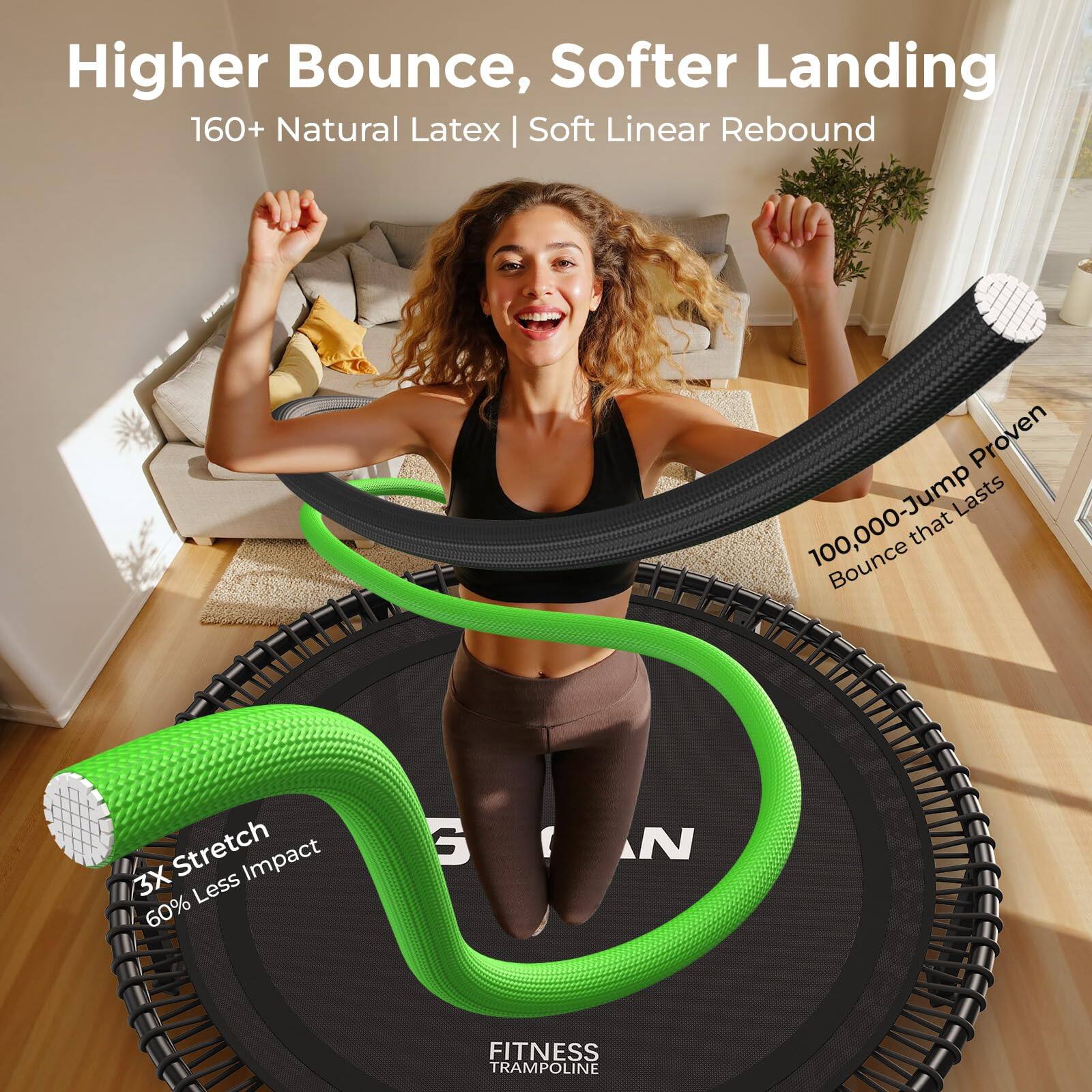 Higher Bounce, Softer Landing  
160+ Natural Latex | Soft Linear Rebound  
100,000-Jump Proven Bounce that Lasts  
3X Stretch  
60% Less Impact  
FITNESS TRAMPOLINE