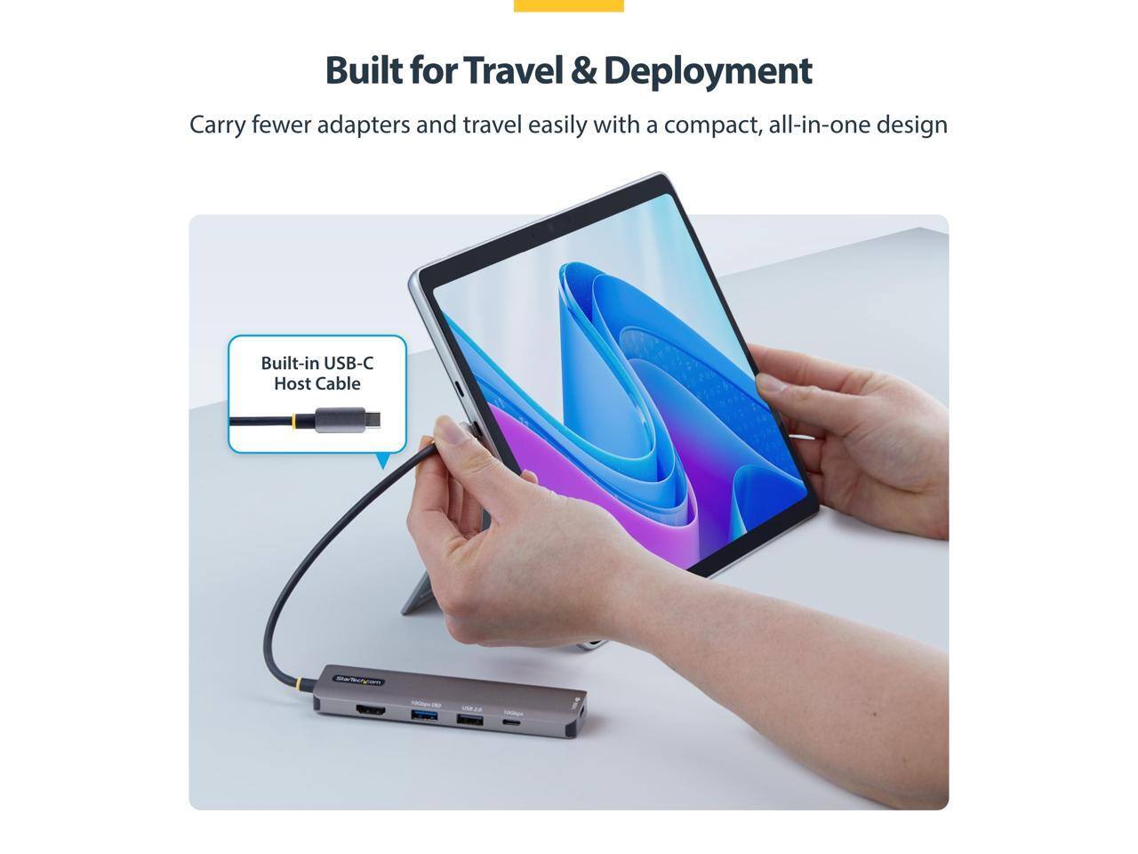 Built for Travel & Deployment  
Carry fewer adapters and travel easily with a compact, all-in-one design  
Built-in USB-C Host Cable