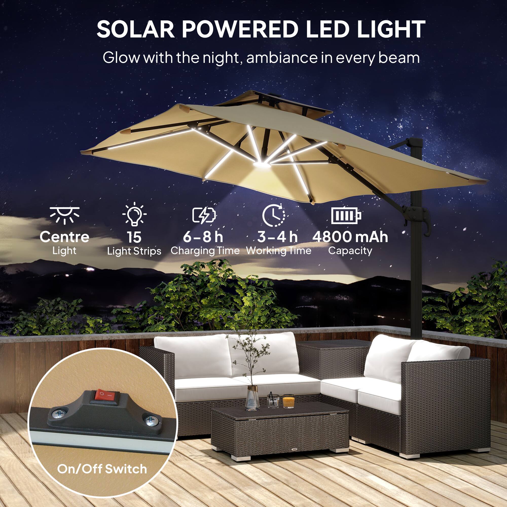 SOLAR POWERED LED LIGHT  
Glow with the night, ambiance in every beam  

- Centre Light  
- 15 Light Strips  
- 6-8h Charging Time  
- 3-4h Working Time  
- 4800 mAh Capacity  
- On/Off Switch