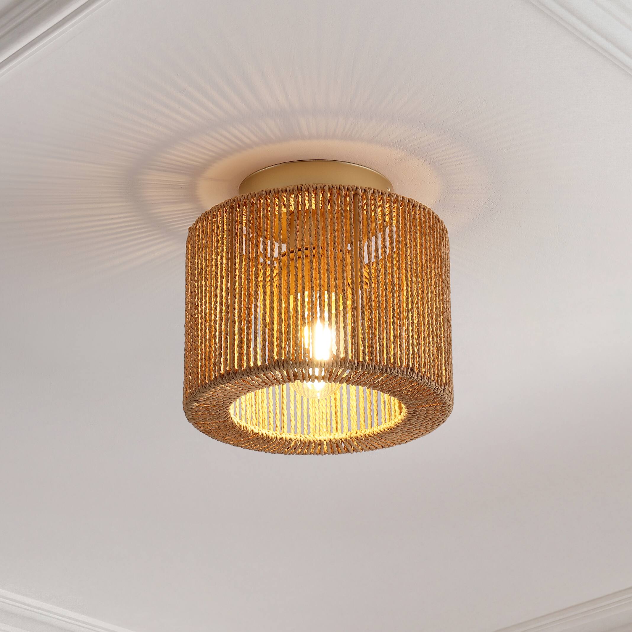 Alt View 1. Jonathan Y - Omar Set of 2 Modern 8" Gold Painting Metal Flush Mount with Brown Paper Cylinder Straight Weave Shade, for Bedroom - Brown.
