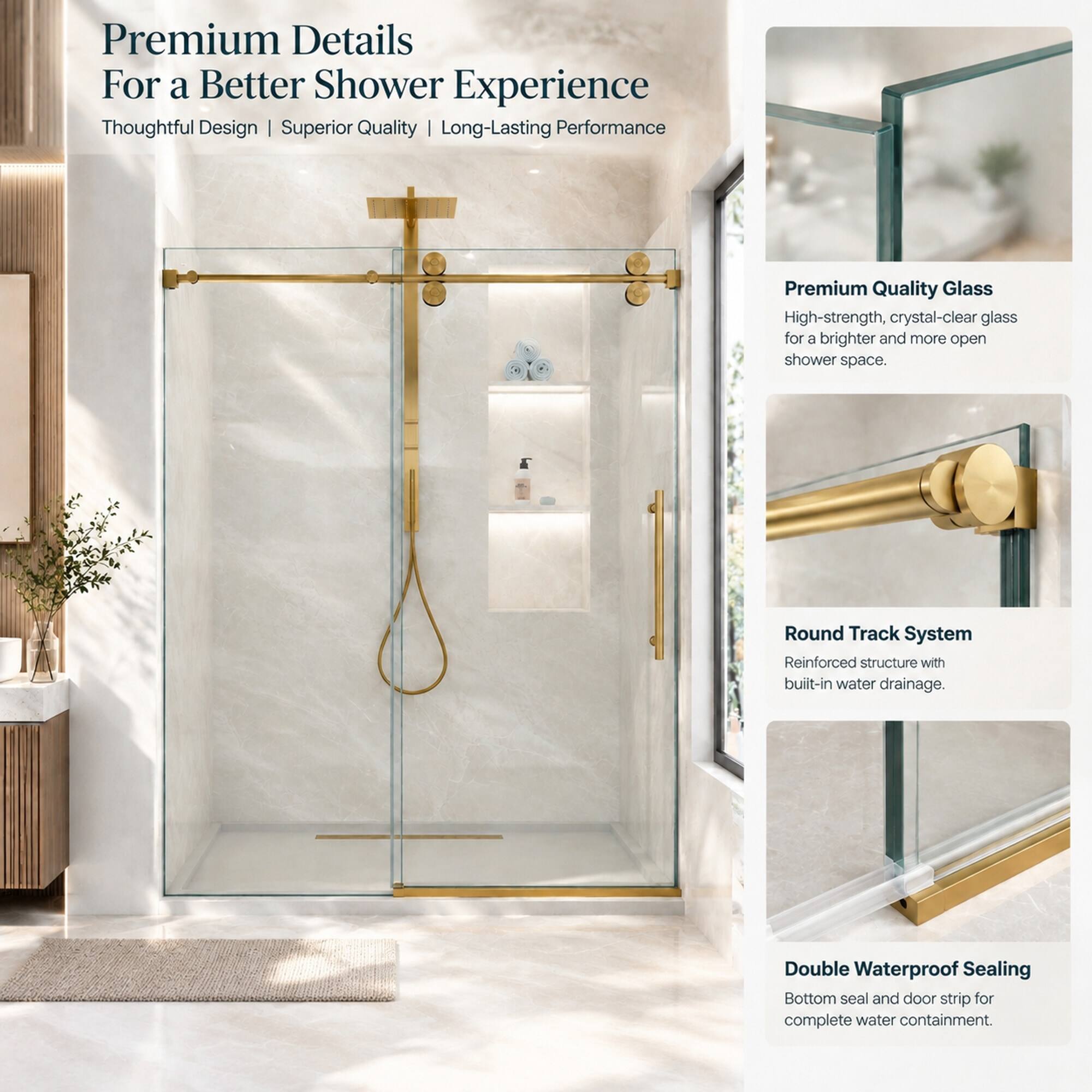 Premium Details For a Better Shower Experience  
Thoughtful Design | Superior Quality | Long-Lasting Performance

Premium Quality Glass  
High-strength, crystal-clear glass for a brighter and more open shower space.

Round Track System  
Reinforced structure with built-in water drainage.

Double Waterproof Sealing  
Bottom seal and door strip for complete water containment.
