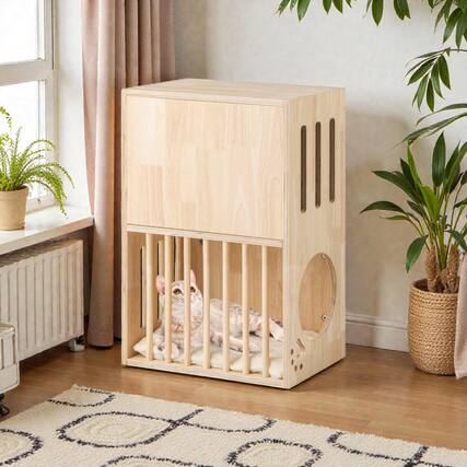 Front. BreeBe - Double-Layer Wooden Cat Enclosure with Soft, Removable Cushions.