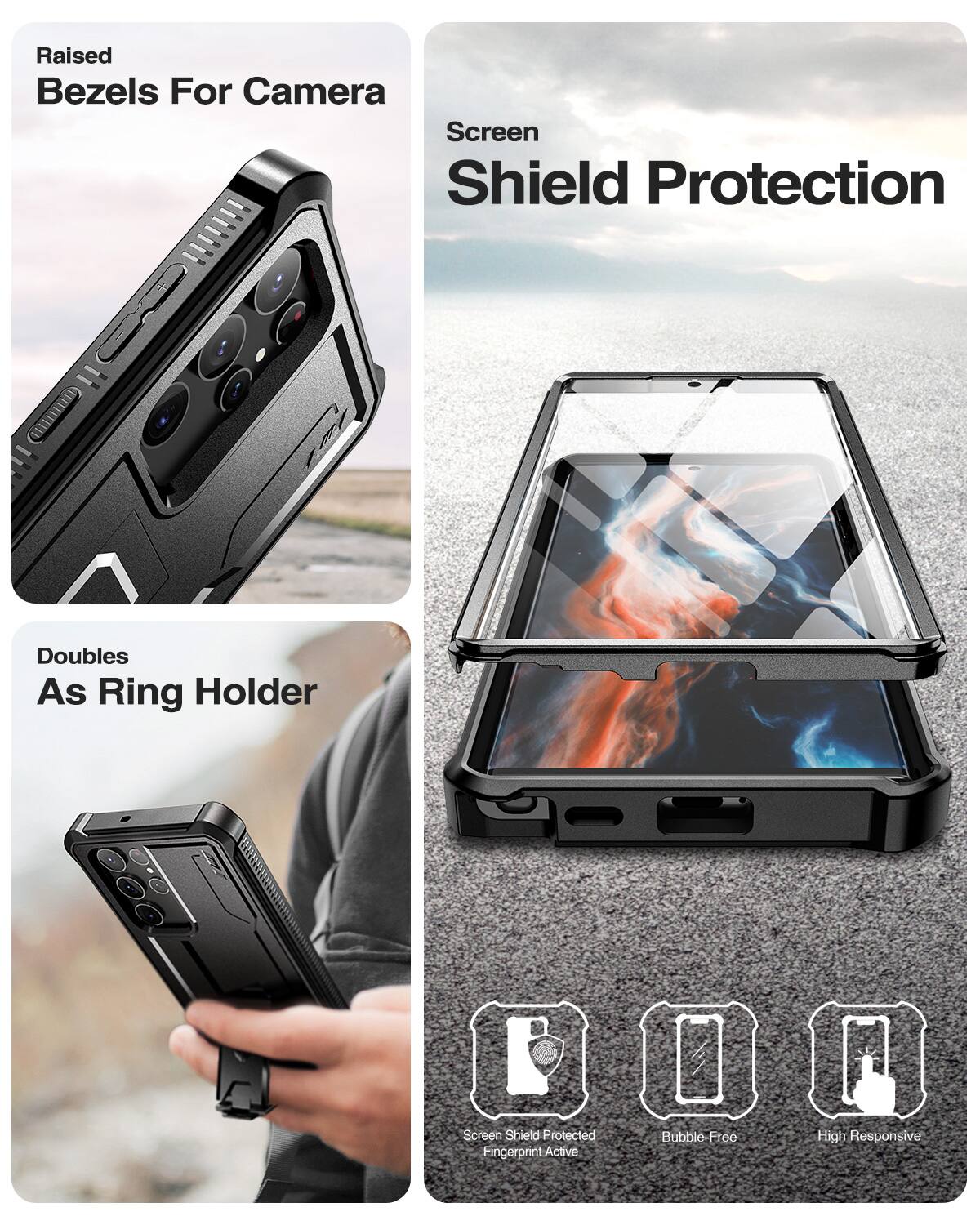 Raised Bezels For Camera, Screen Shield Protection, Doubles As Ring Holder, Screen Shield Protected, Fingerprint Active, Bubble-Free, High Responsive