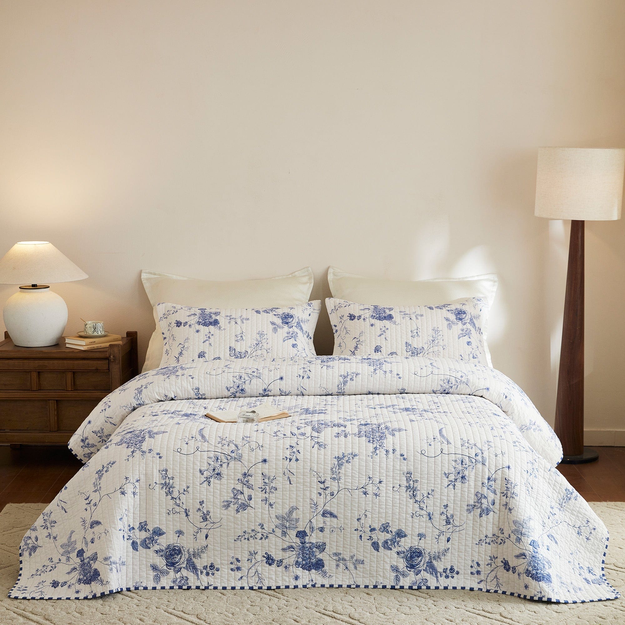 MarCielo - 3 Piece 100% Cotton White Floral Quilt Bedspread Set - Blue