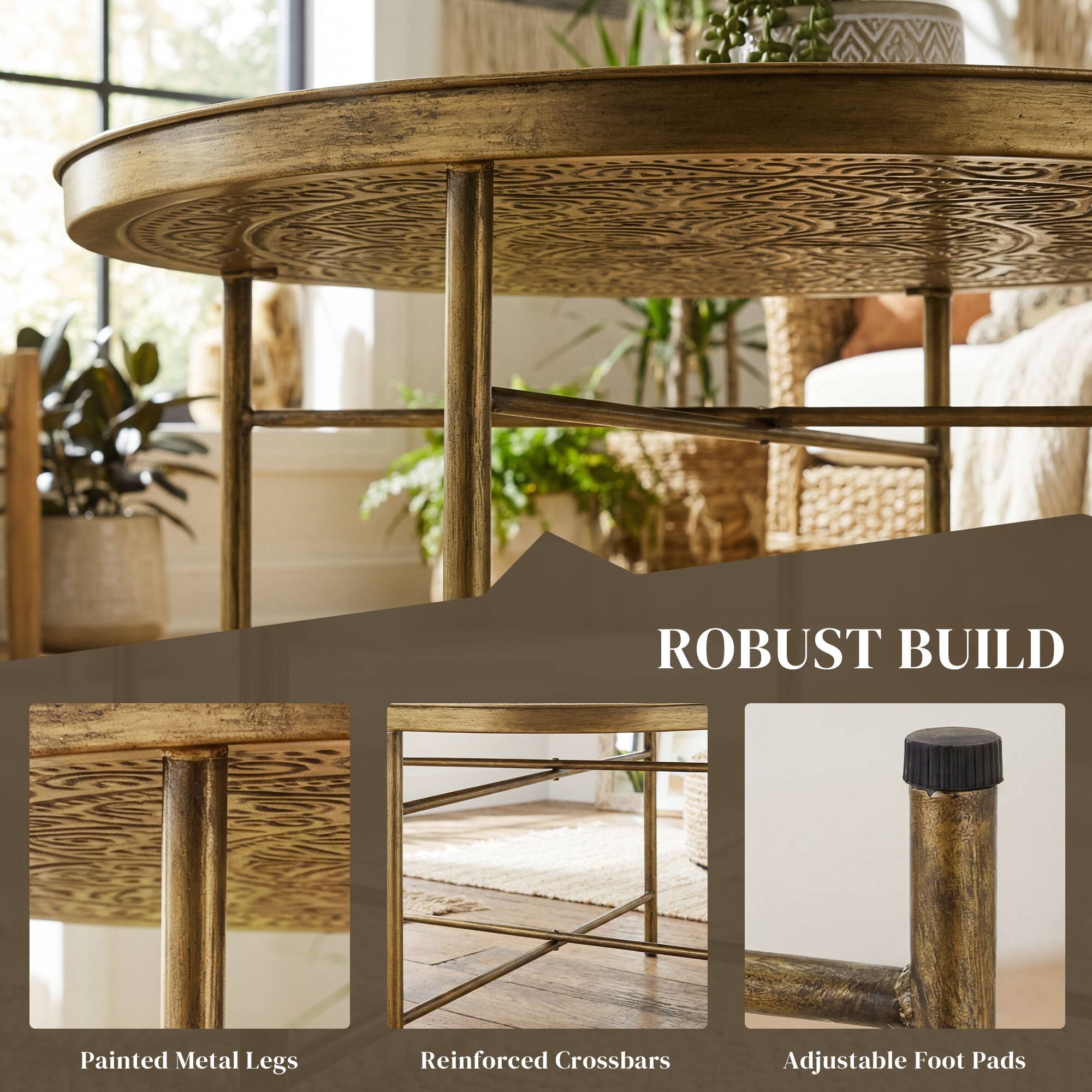 ROBUST BUILD  
Painted Metal Legs  
Reinforced Crossbars  
Adjustable Foot Pads