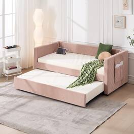 Trinkets Crazed - Twin Daybed with Pop Up Trundle, Velvet Upholstered Extendable Daybed with USB Ports & Pockets - Pink