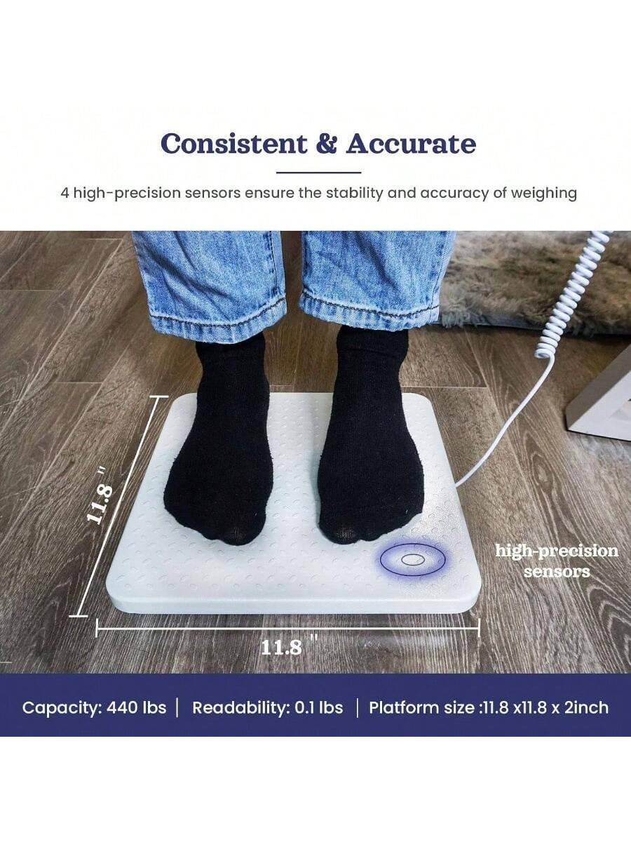 Consistent & Accurate  
4 high-precision sensors ensure the stability and accuracy of weighing  

Capacity: 440 lbs | Readability: 0.1 lbs | Platform size: 11.8 x 11.8 x 2 inch