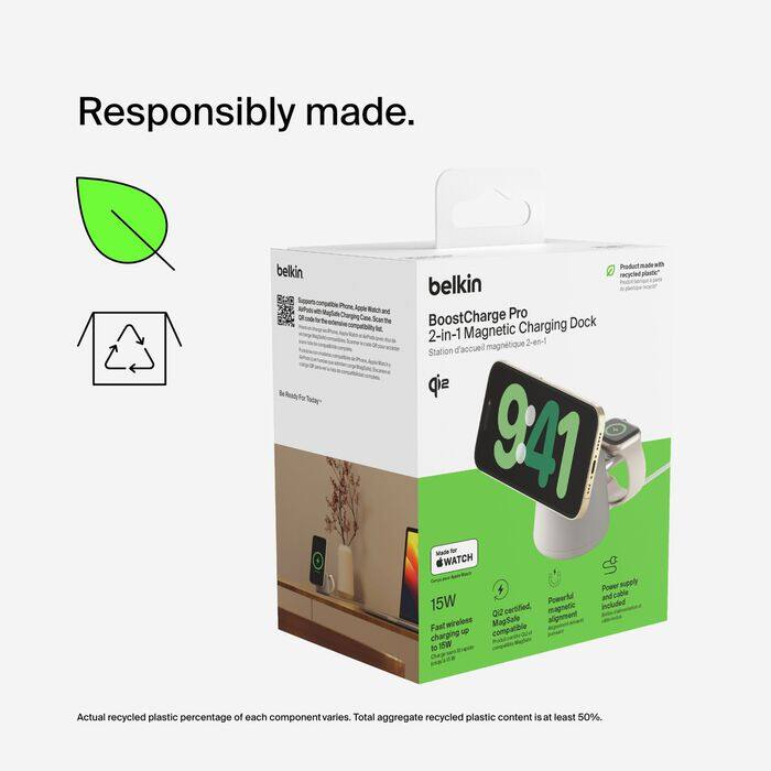 Responsibly made.  
belkin BoostCharge Pro Charging Dock 2-in-1 Magnetic 2-en-1 Station d'accueil magnétique  
Product made with recycled plastic*  
Actual recycled plastic percentage of each component varies. Total aggregate recycled plastic content is at least 50%.