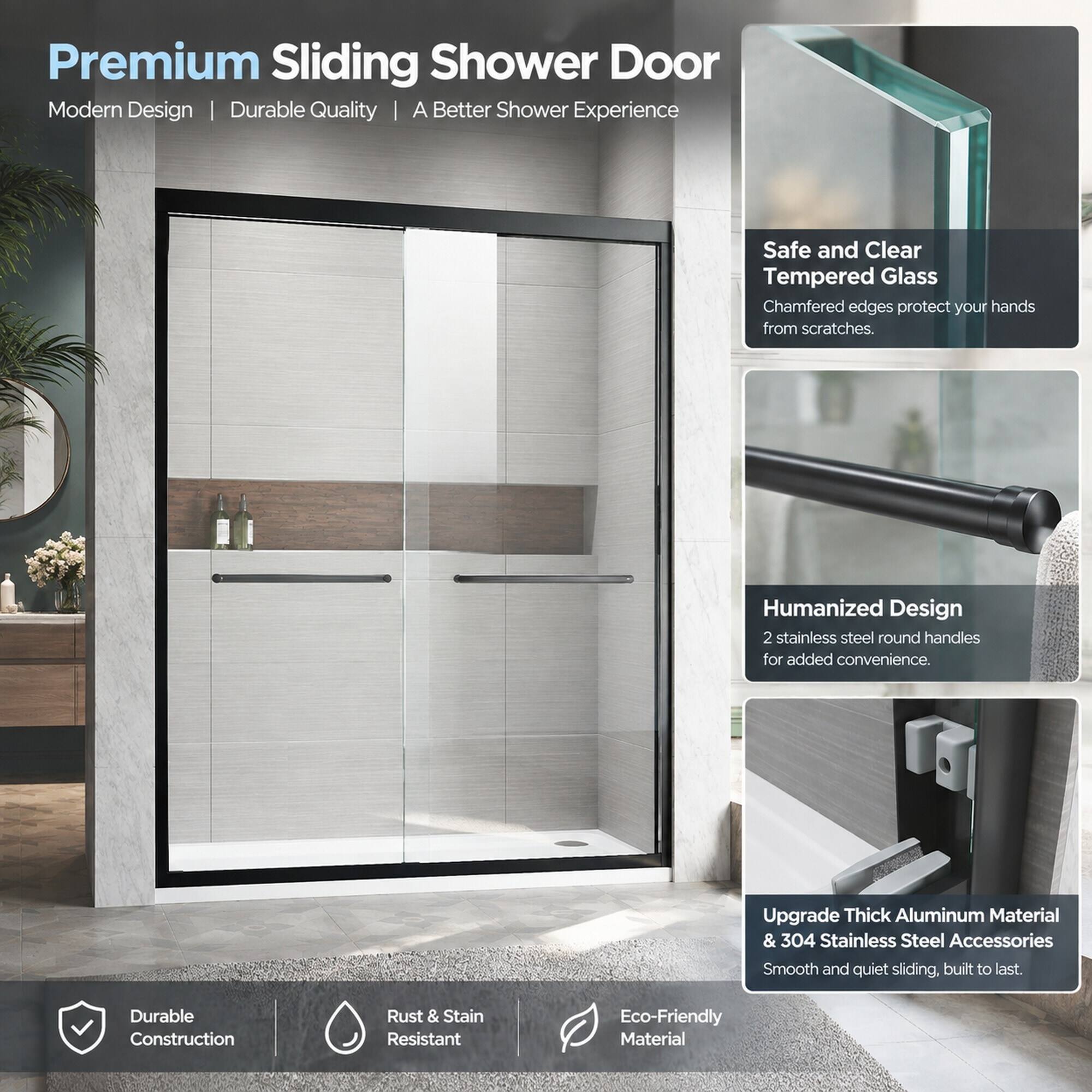 Premium Sliding Shower Door  
Modern Design | Durable Quality | A Better Shower Experience

Safe and Clear Tempered Glass  
Chamfered edges protect your hands from scratches.

Humanized Design  
2 stainless steel round handles for added convenience.

Upgrade Thick Aluminum Material & 304 Stainless Steel Accessories  
Smooth and quiet sliding, built to last.

Durable Construction  
Rust & Stain Resistant  
Eco-Friendly Material