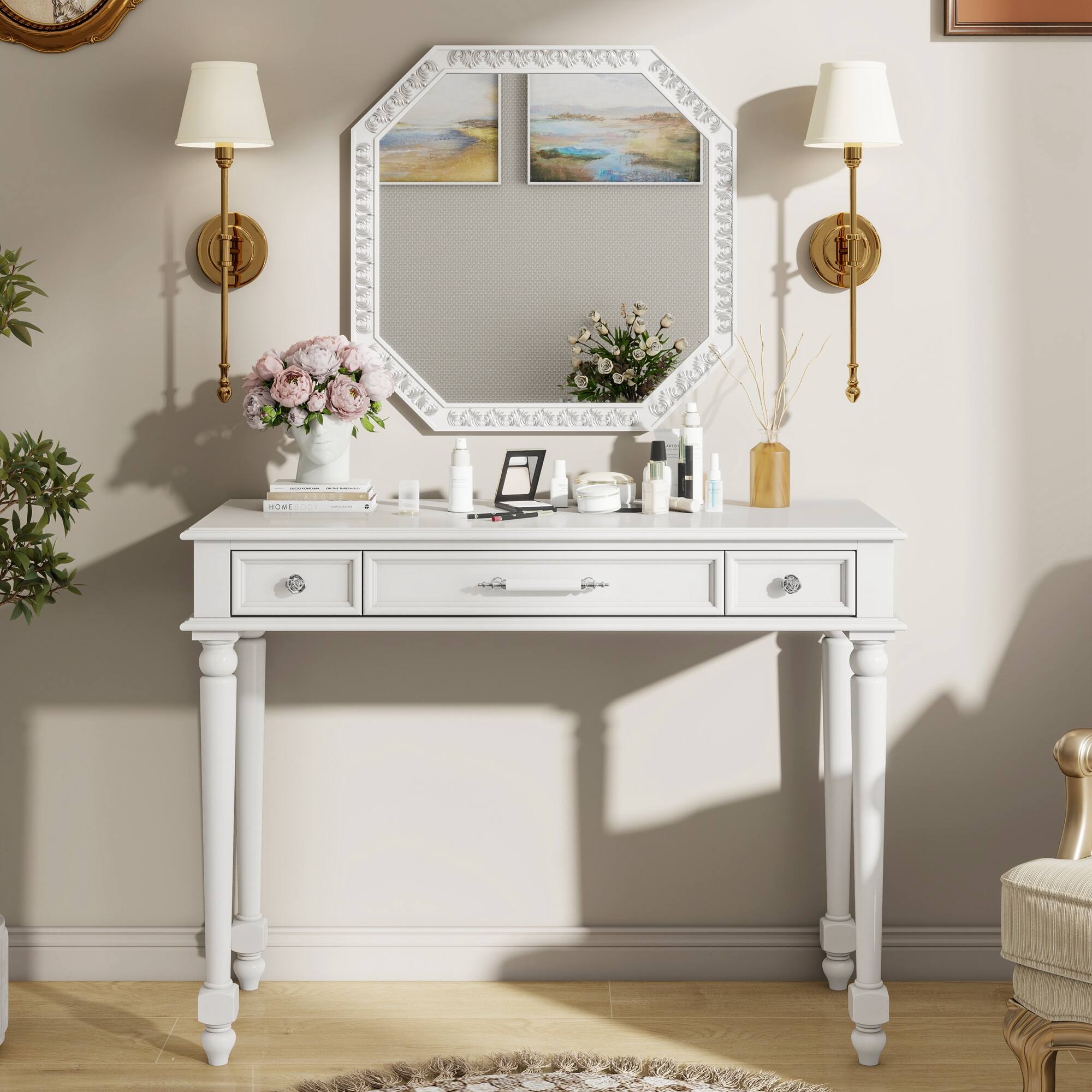 Lirago - Retro Wood Dresser Table Desk with Large Mirror 3 Drawer Dressing Table for Bedroom 15.7”D x 39.4”W x 29.7”H - White