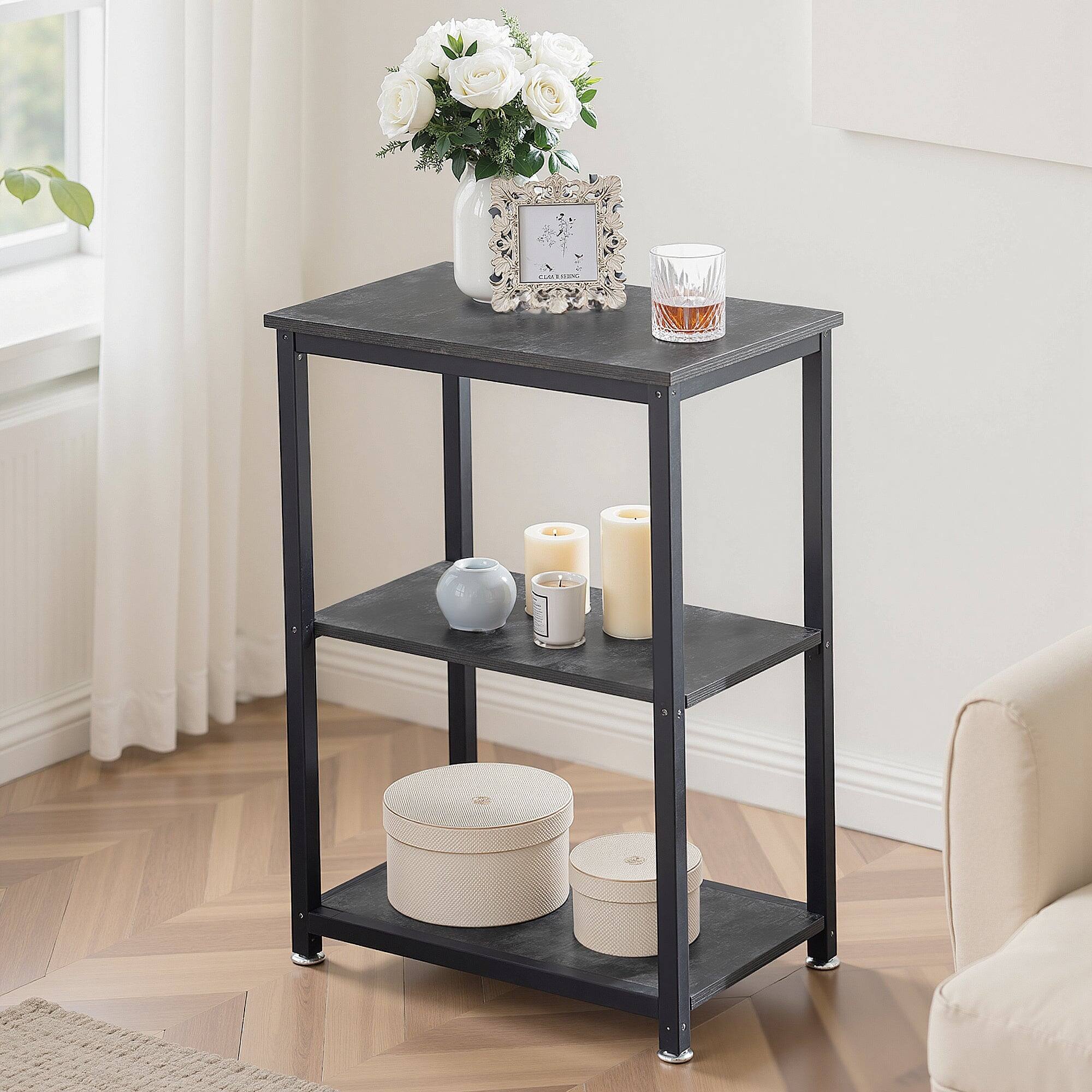Front. Vecelo - Industrial Metal Frame Side Table with 3-Tier Storage Shelves – Narrow Bedside/End Table for Small Spaces & Apartments - 1*Charcoal Gray.