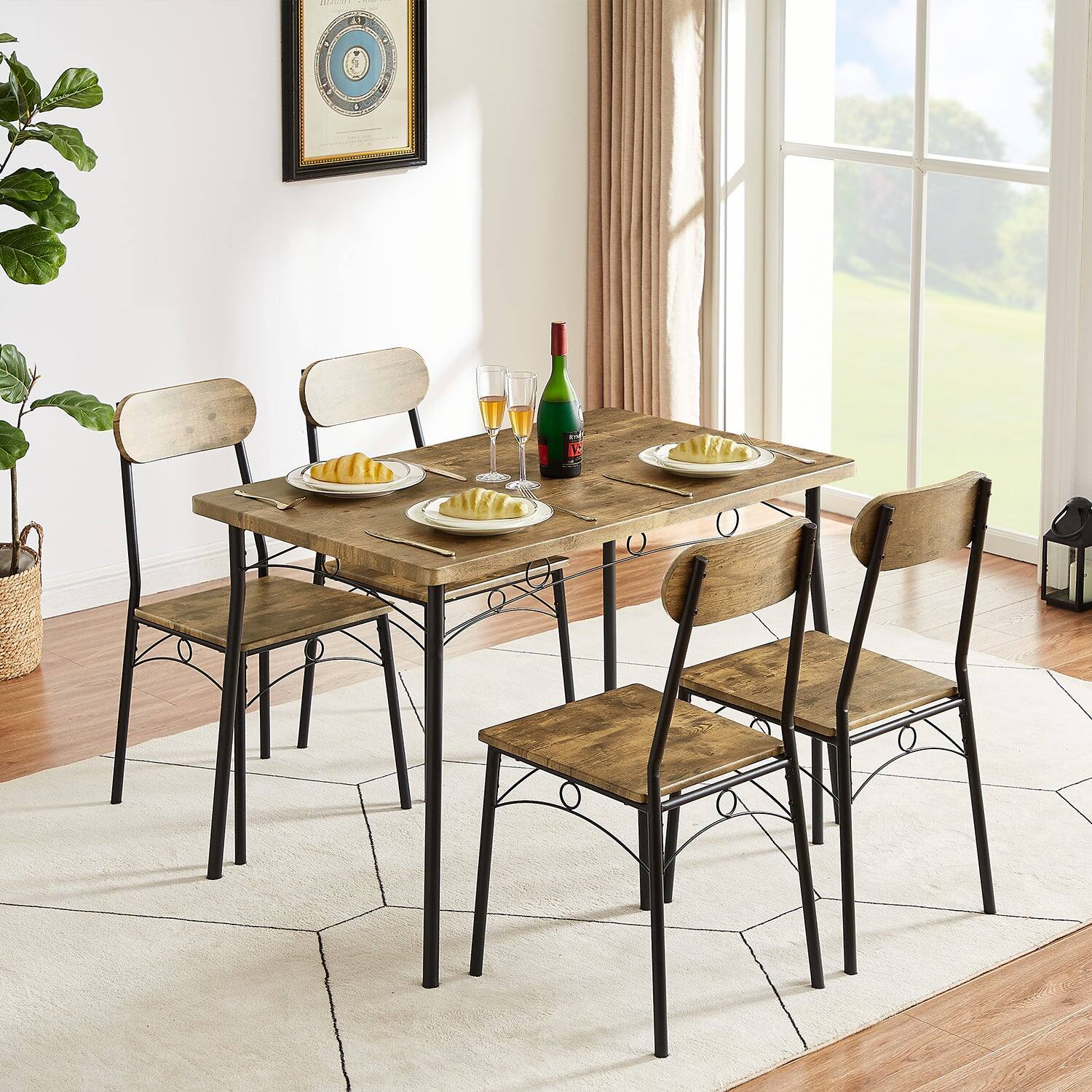 Angle. Vecelo - 5 Piece Dining Set: 4-Person Table & Chairs - Metal Frame, Thick MDF Top, Space Saving Design, Easy Assembly - Brown.
