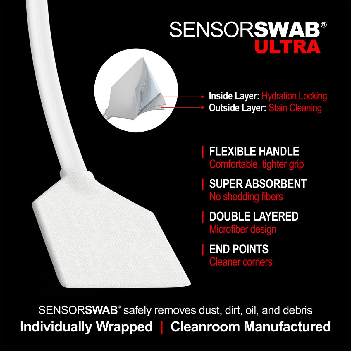 SENSORSWAB ULTRA

Inside Layer: Hydration Locking  
Outside Layer: Stain Cleaning

FLEXIBLE HANDLE  
Comfortable, tighter grip

SUPER ABSORBENT  
No shedding fibers

DOUBLE LAYERED  
Microfiber design

END POINTS  
Cleaner corners

SENSORSWAB safely removes dust, dirt, oil, and debris  
Individually Wrapped | Cleanroom Manufactured