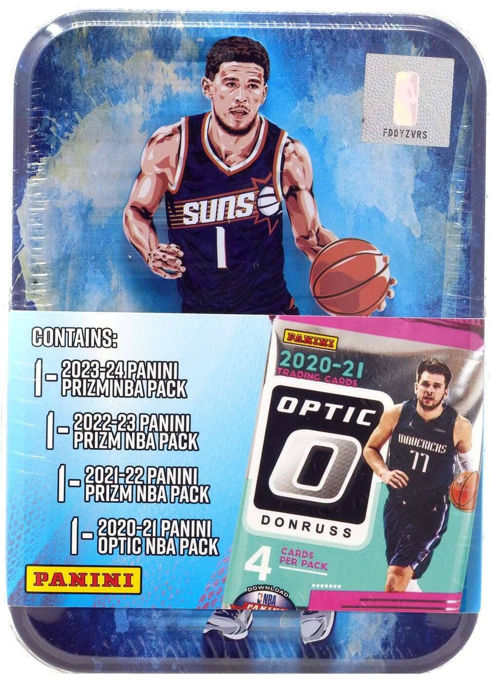 CONTAINS:  
1 - 2023-24 PANINI PRIZM NBA PACK  
1 - 2022-23 PANINI PRIZM NBA PACK  
1 - 2021-22 PANINI PRIZM NBA PACK  
1 - 2020-21 PANINI OPTIC NBA PACK  

PANINI  

2020-21 TRADING CARDS  
OPTIC  
DONRUSS  
4 CARDS PER PACK  

DOWNLOAD NBA PANINI