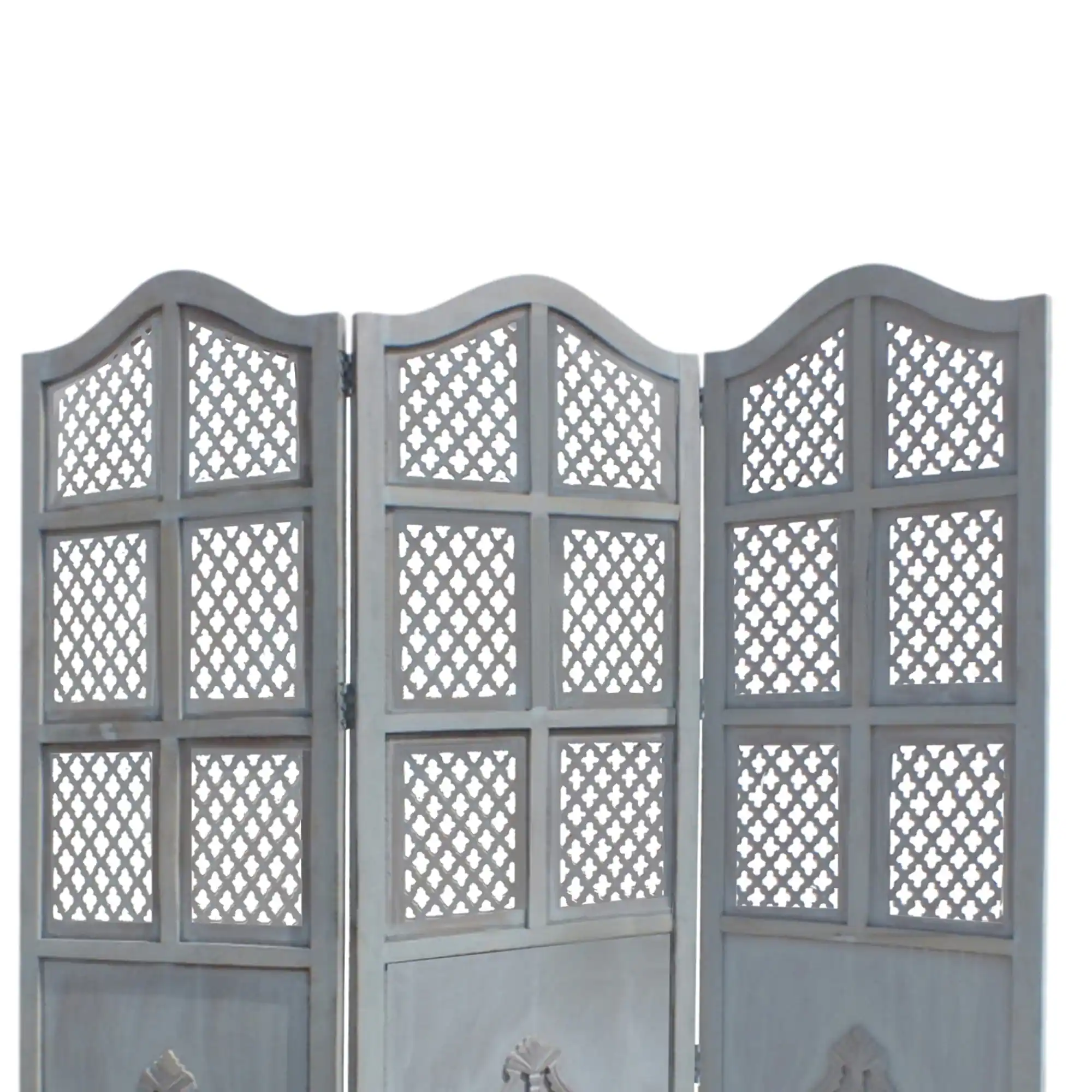 Alt View 2. Manhattan Lane - Three Panel Wooden Room Divider with Traditional Carvings and Cutouts - Blue.