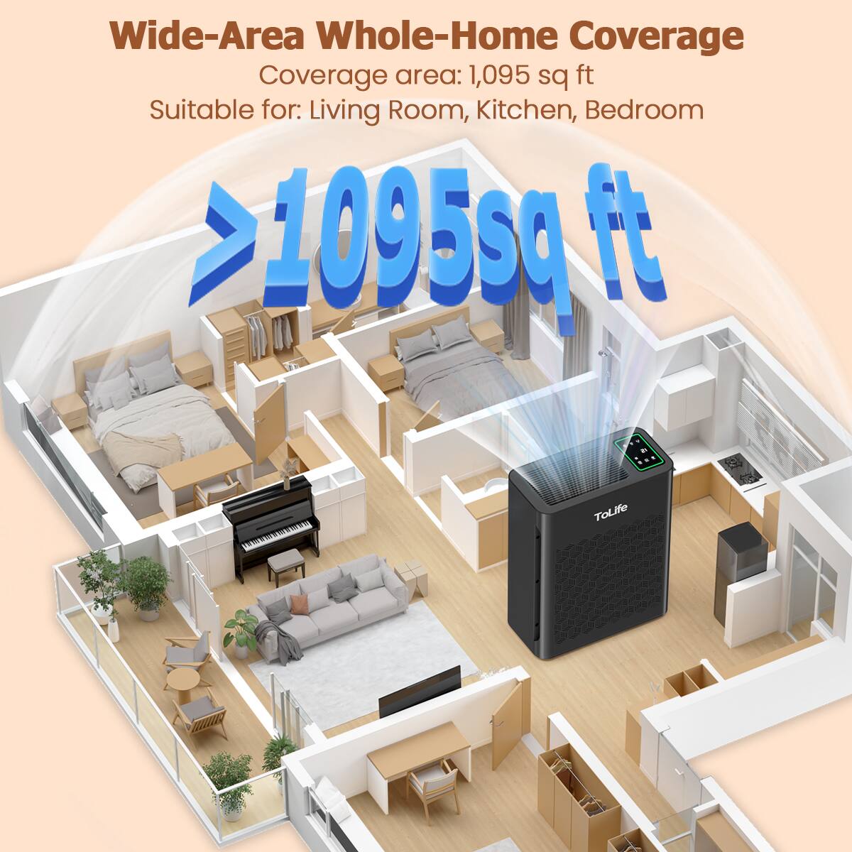 Wide-Area Whole-Home Coverage  
Coverage area: 1,095 sq ft  
Suitable for: Living Room, Kitchen, Bedroom  
>1095 sq ft