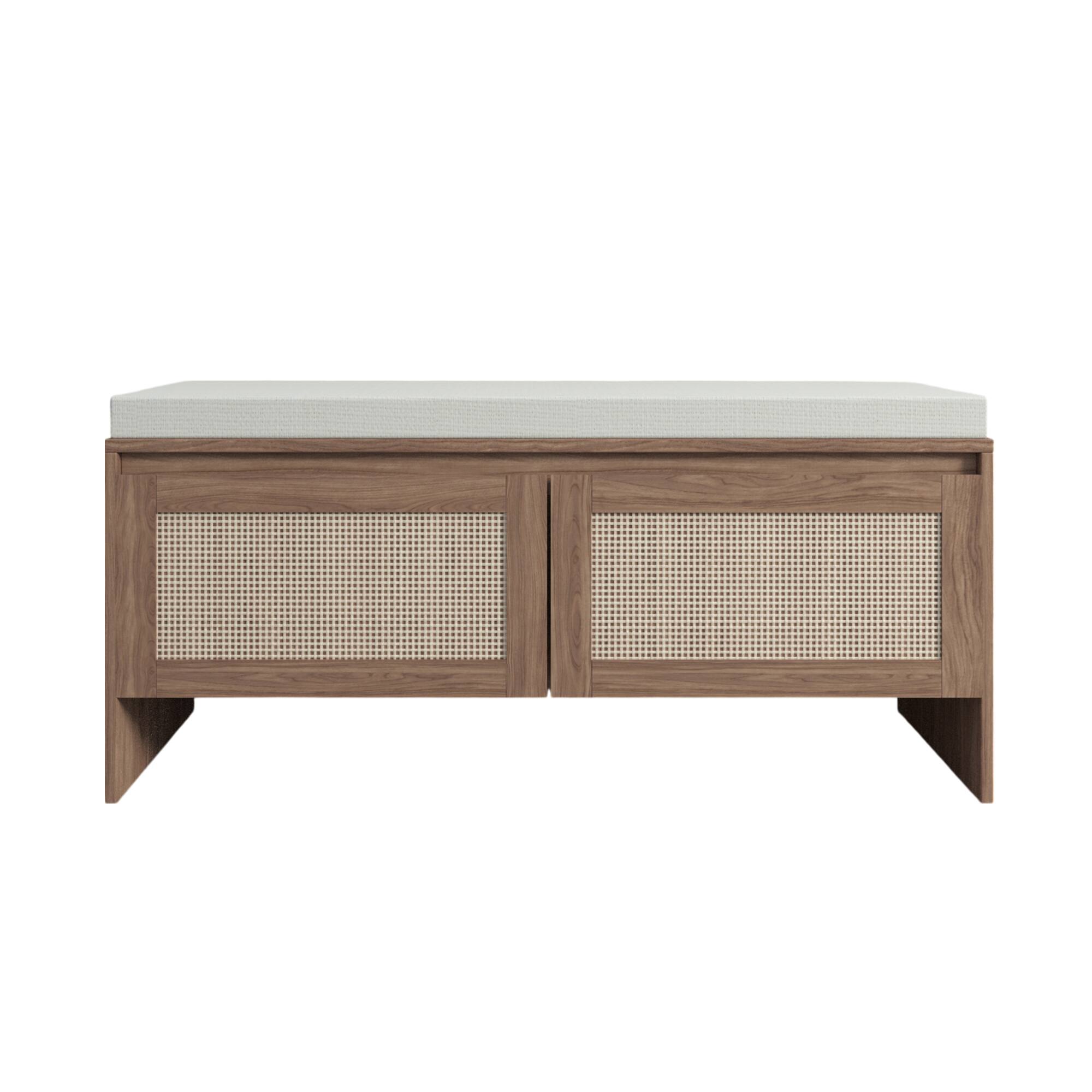 Back. Whisen - Entryway Shoe Storage Bench with Faux Rattan Doors, Cushioned Seat Cabinet Organizer - Natural.