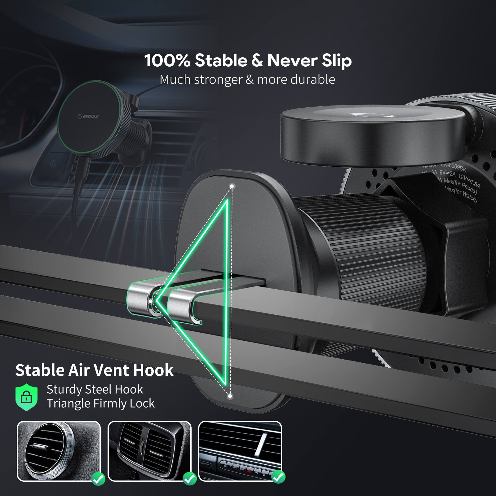 100% Stable & Never Slip  
Much stronger & more durable  

Stable Air Vent Hook  
Sturdy Steel Hook  
Triangle Firmly Lock