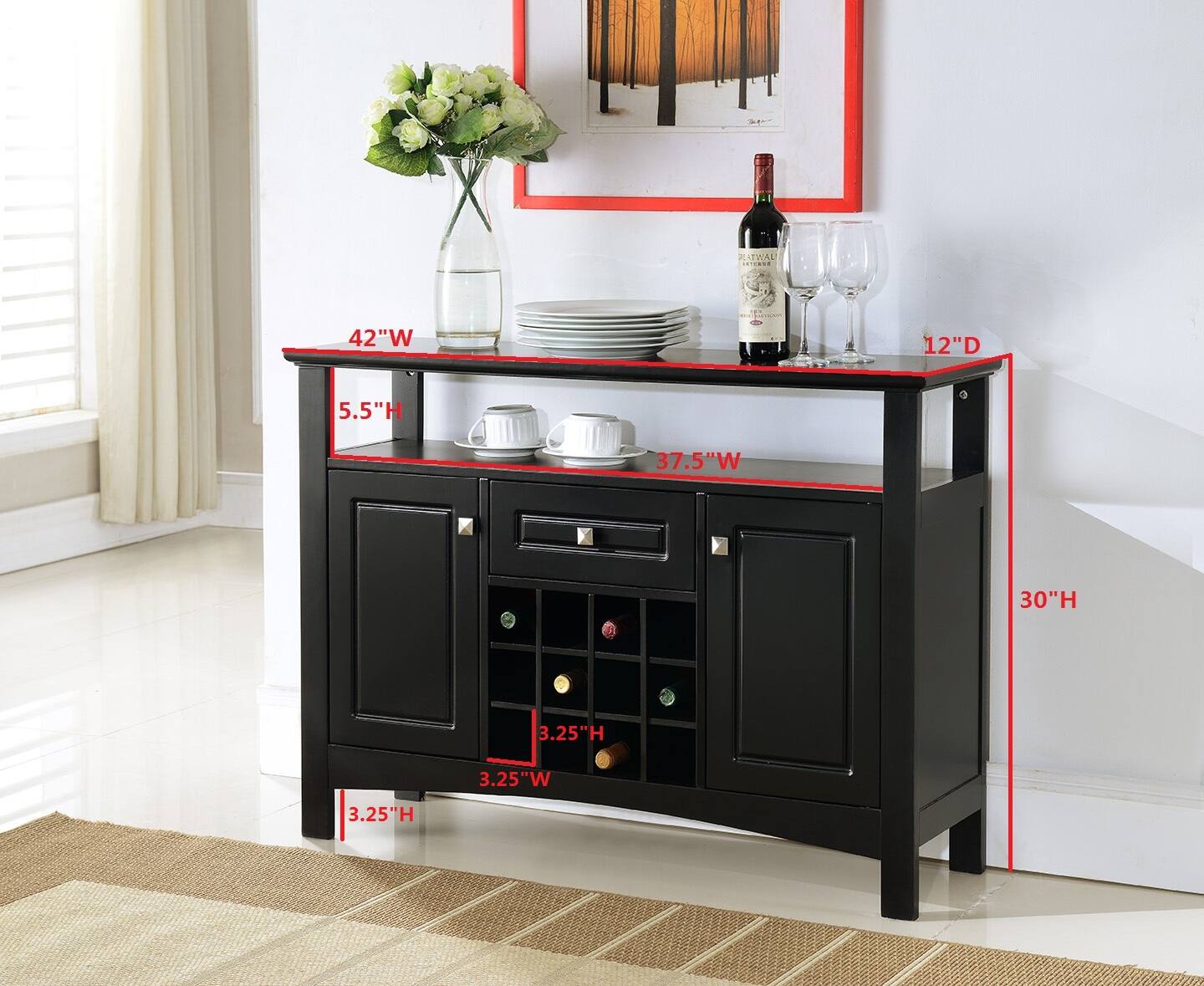 - Width: 42"
- Depth: 12"
- Height: 30"
- Top Shelf Width: 37.5"
- Top Shelf Height: 5.5"
- Bottom Shelf Height: 3.25"
- Wine Rack Height: 3.25"
- Wine Rack Width: 3.25"
