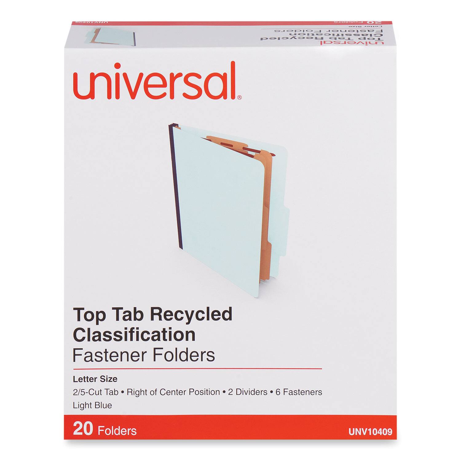 Universal  
Top Tab Recycled Classification Fastener Folders  
Letter Size  
2/5-Cut Tab • Right of Center Position • 2 Dividers • 6 Fasteners  
Light Blue  
20 Folders  
UNV10409