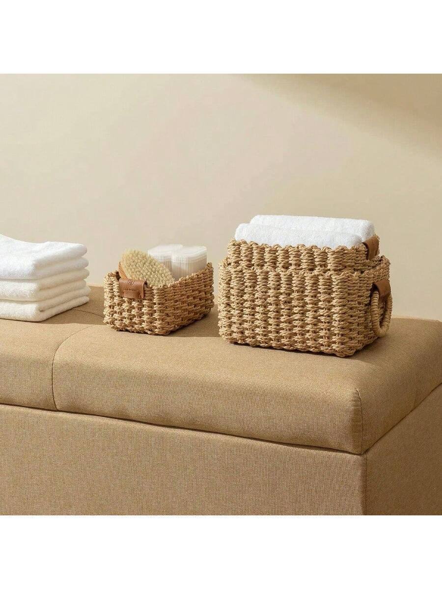 Alt View 4. Live At Space - Small Wicker Baskets Organizing, Paper Rope Storage Basket Container Bins Shelves Bathroom Cupboards Drawer, Decorative - Desert.