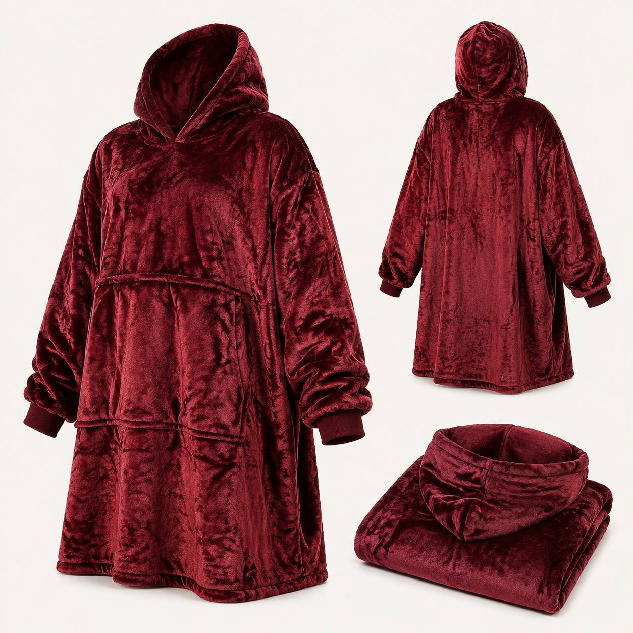 Back. Oumilen - Large Wearable Blanket Hoodie for Adults, Burgundy Oversized Flannel Hooded Sweatshirt Blanket with Big Pocket 47.2in - Burgundy.