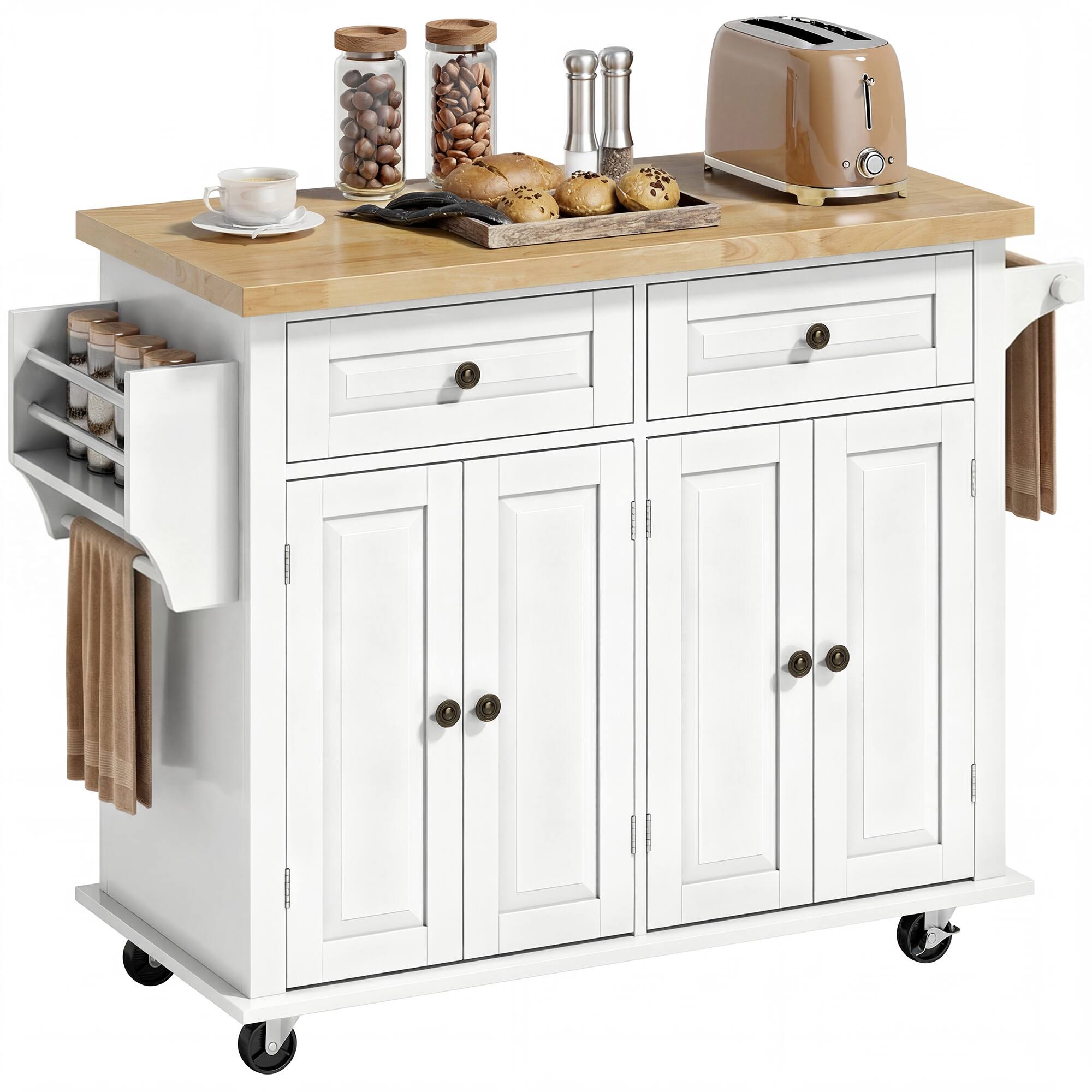 Front. Homcom - Mobile Kitchen Island Table, Kitchen Island Cart on Wheels with Storage Cabinets - White.