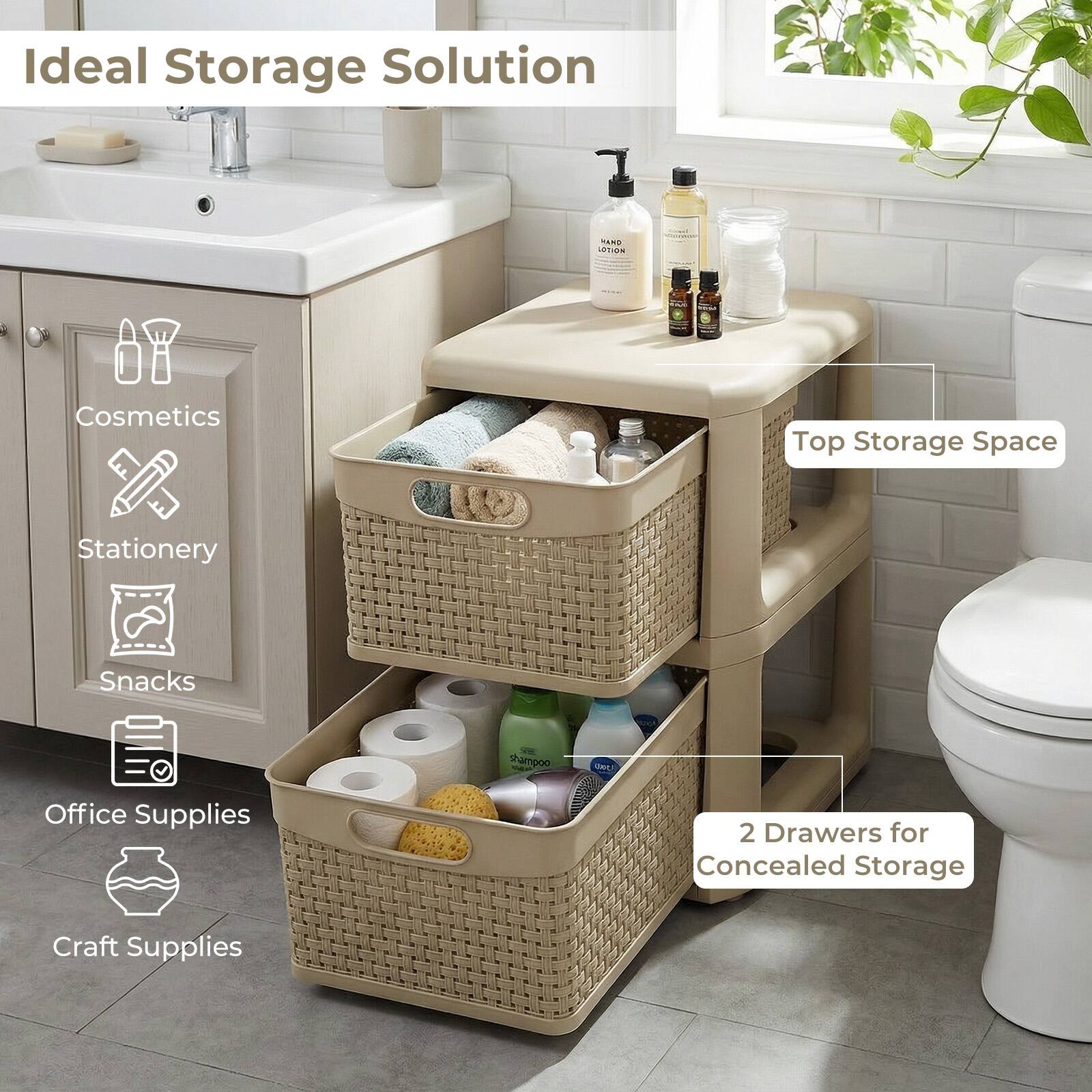 Ideal Storage Solution

- Cosmetics
- Stationery
- Snacks
- Office Supplies
- Craft Supplies

Top Storage Space

2 Drawers for Concealed Storage
