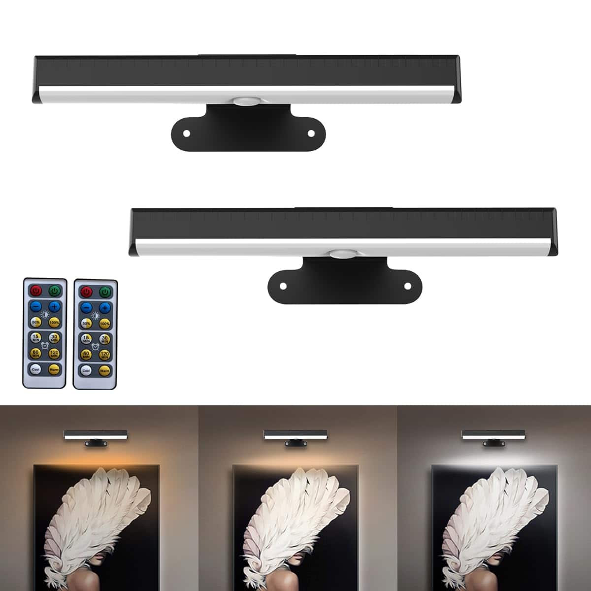 HM 1810 - pack Wireless Picture Light With Remote Operated Wall Sconces For Decor Color Timer dimmable Paintings Led - 2Pack