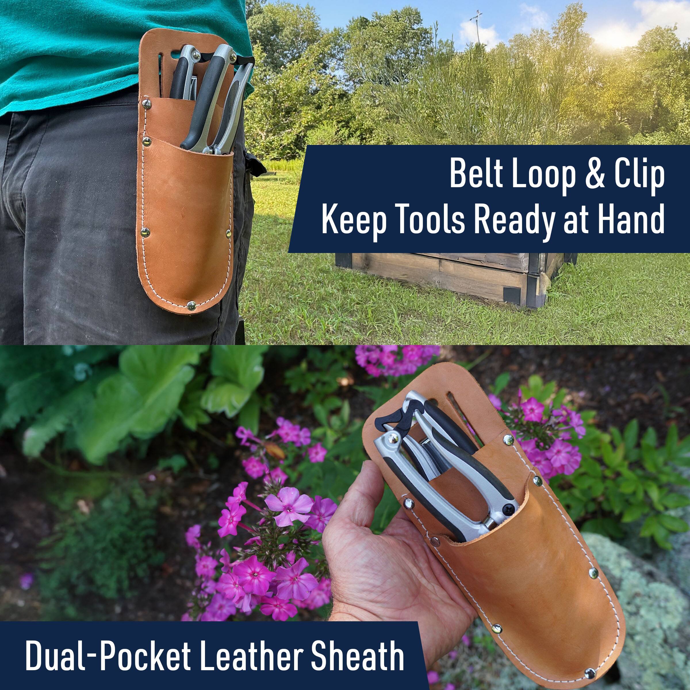 Belt Loop & Clip  
Keep Tools Ready at Hand  

Dual-Pocket Leather Sheath