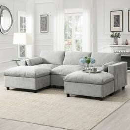 LUCKY ONE - 86.5" U-Shape 5-Seat Modular Chenille Cloud Sofa w/ Storage Pockets & 2 Ottomans - Medium grey
