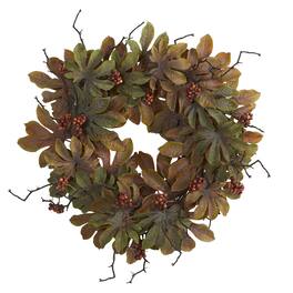 BreeBe - 24" Fatsia with Berries Autumn Artificial Wreath - Green