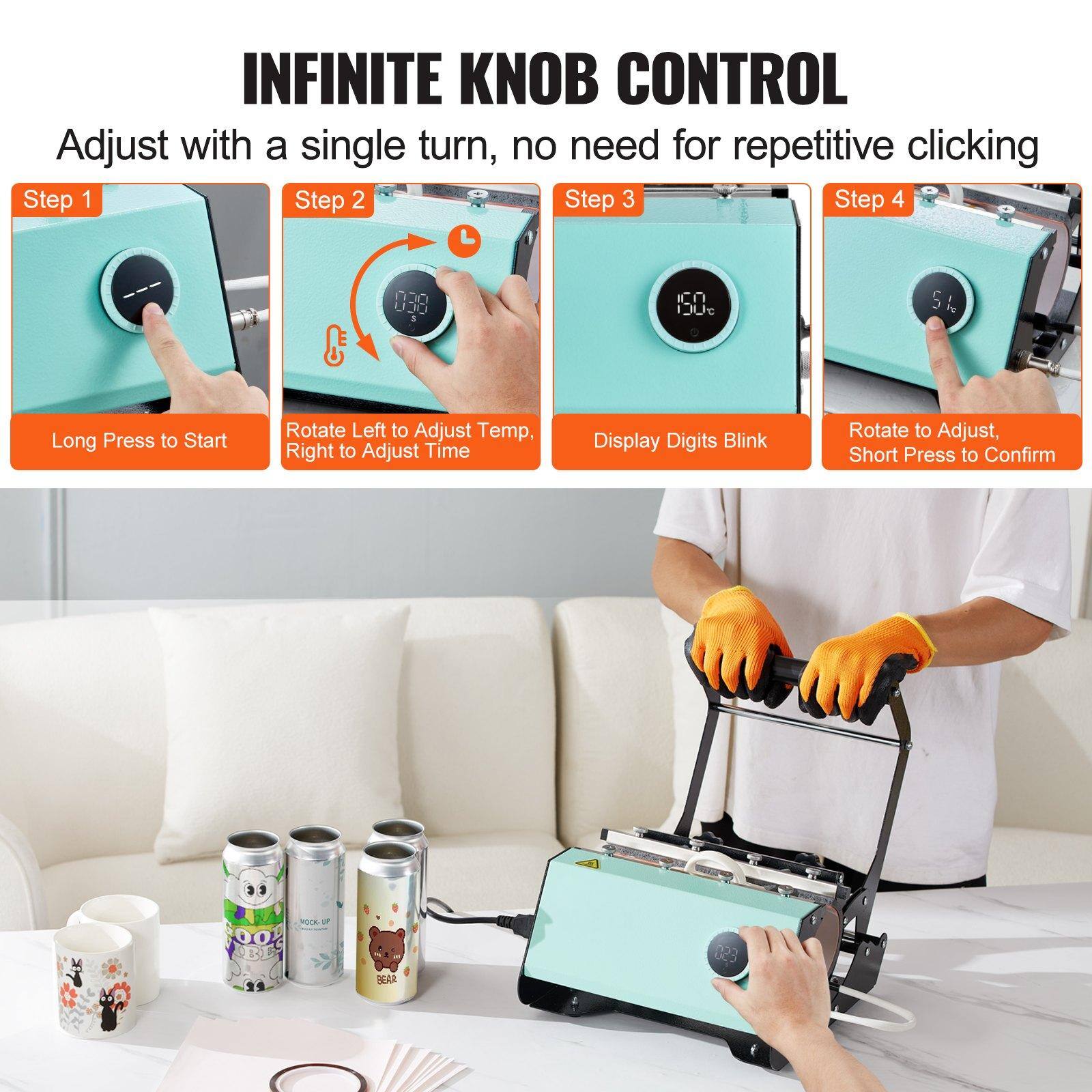 INFINITE KNOB CONTROL  
Adjust with a single turn, no need for repetitive clicking  

Step 1  
Long Press to Start  

Step 2  
Rotate Left to Adjust Temp, Right to Adjust Time  

Step 3  
Display Digits Blink  

Step 4  
Rotate to Adjust, Short Press to Confirm