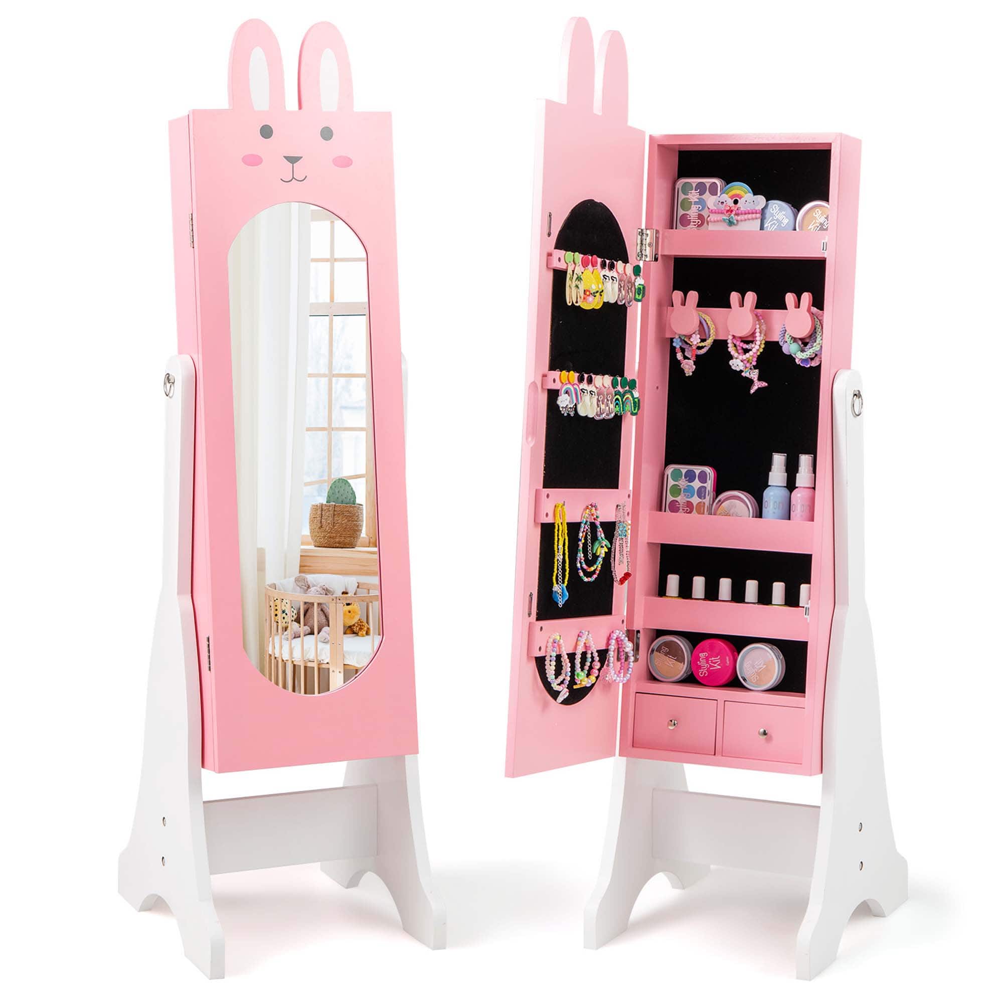 Costway - Kids Jewelry Cabinet Standing Children Jewelry Organizer with Full-Length Mirror - Pink