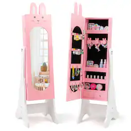 Costway - Kids Jewelry Cabinet Standing Children Jewelry Organizer with Full-Length Mirror - Pink